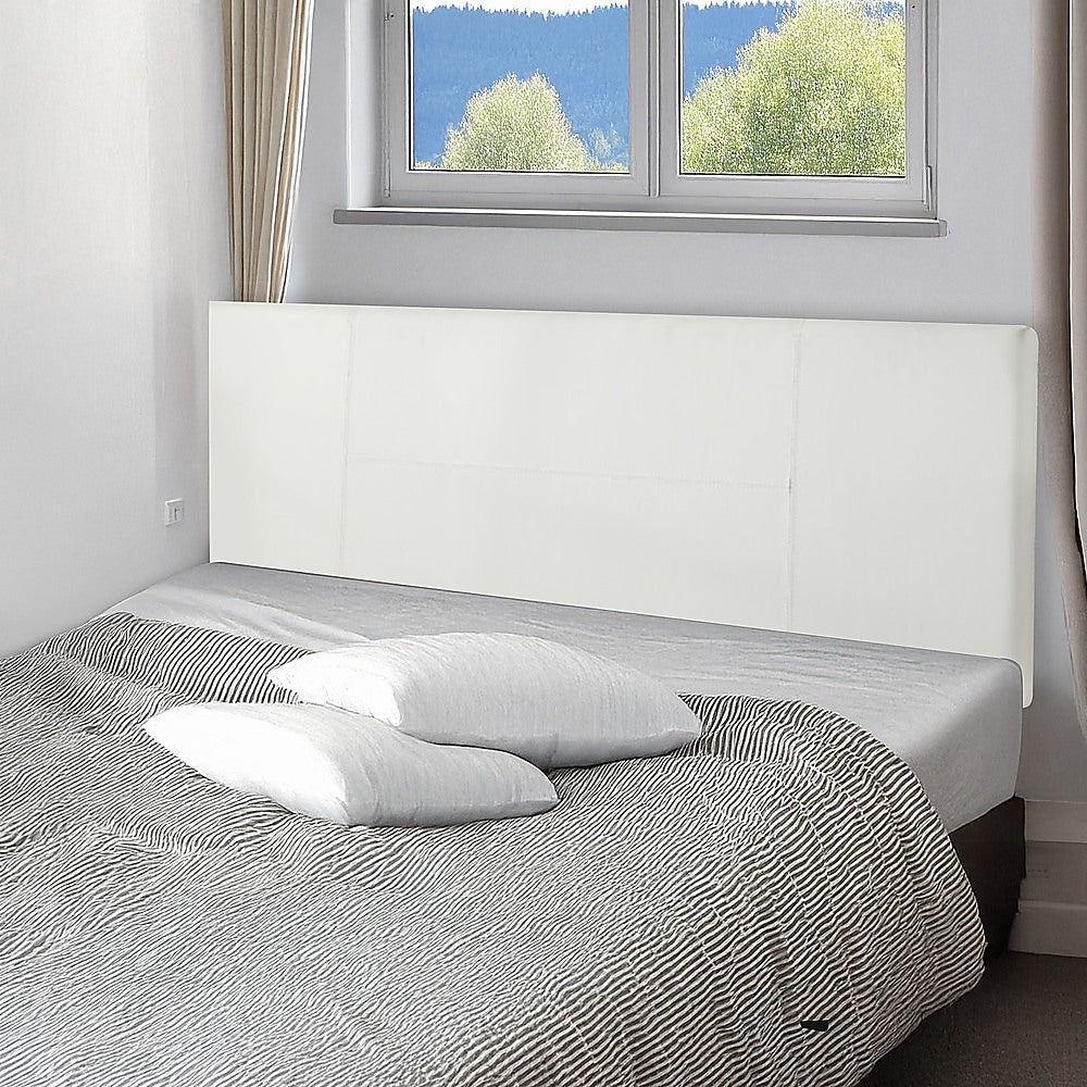 Queen Size | PU Leather Headboard Bedhead (White) in a minimalist bedroom setting with gray bedding and white pillows