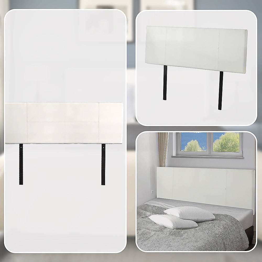 Queen Size | PU Leather Headboard Bedhead (White) with stitched panels, shown detached and installed on bed in bedroom setting