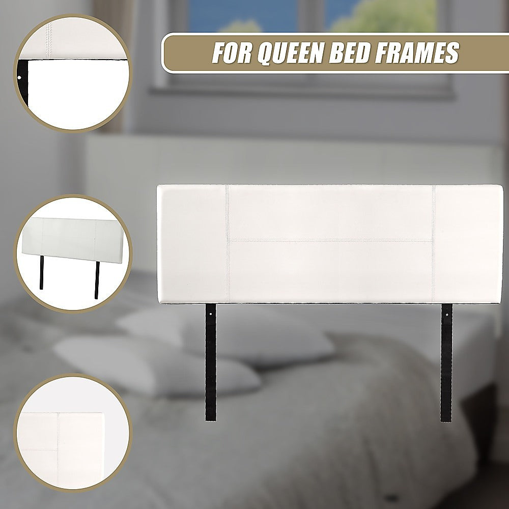 Queen Size | PU Leather Headboard Bedhead (White) with stitched design and metal legs, suitable for queen bed frames.