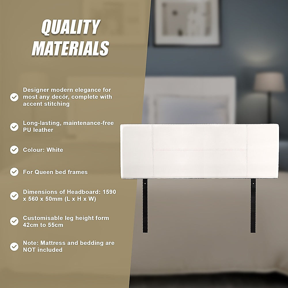 Queen Size | PU Leather Headboard Bedhead (White) with designer stitching, modern style, and adjustable leg height for bedroom furniture.