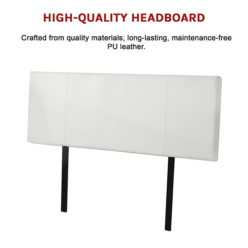 Queen Size | PU Leather Headboard Bedhead (White) in sleek PU leather with stitched panels and black support legs, bedroom furniture.