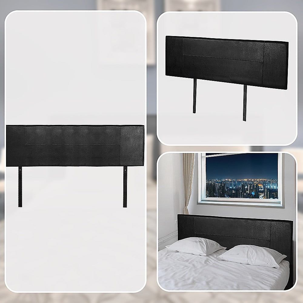King Size | PU Leather Bed Headboard (Black) with designer stitching, shown standalone and installed on bed in bedroom setting