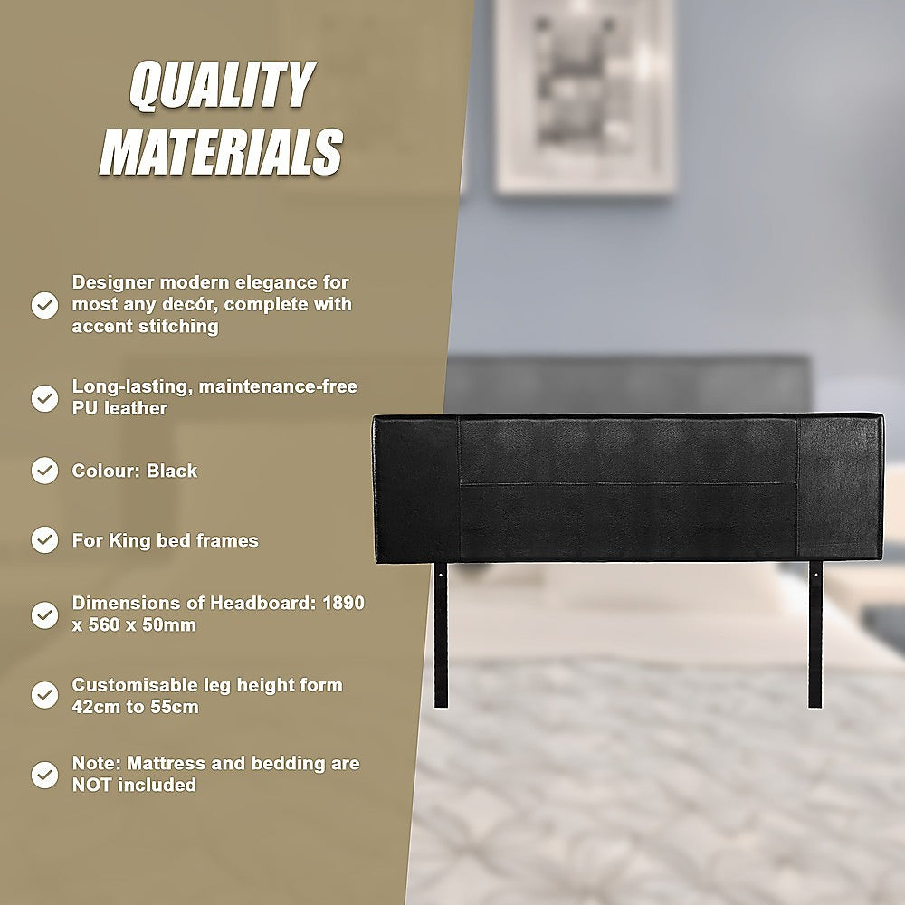 King Size | PU Leather Bed Headboard (Black) with modern stitching, designed for king bed frames, shown in a bedroom setting