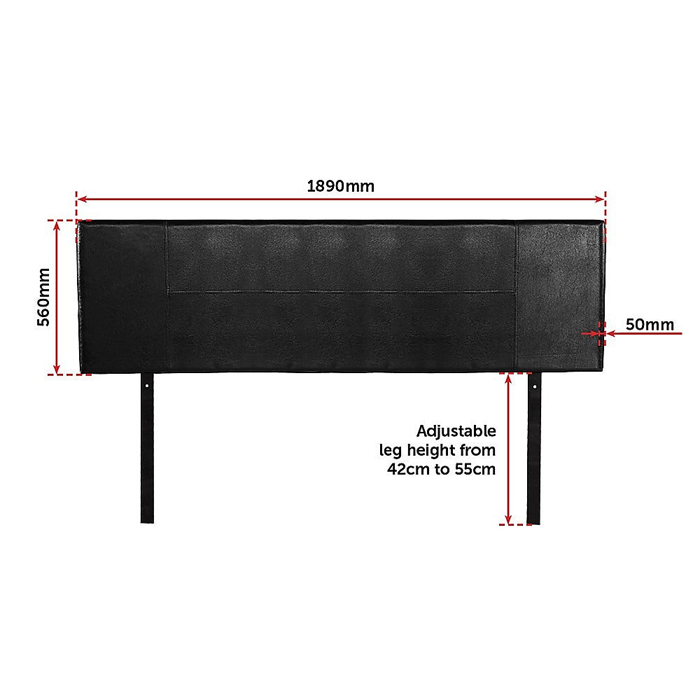 King Size | PU Leather Bed Headboard (Black) with adjustable legs, rectangular stitched design, shown with measurements.
