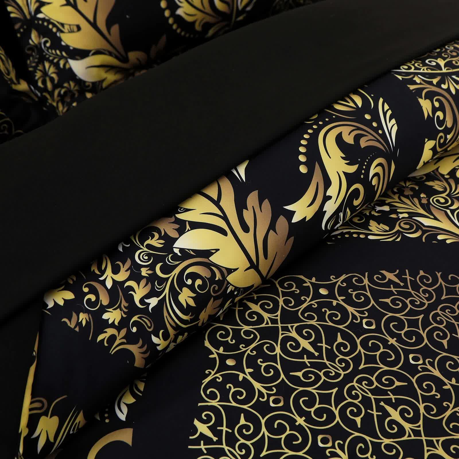 Regal Elegance Black and Gold 3 Pc Comforter & Pillow Cover Set KING with intricate gold design on black fabric for bedroom décor