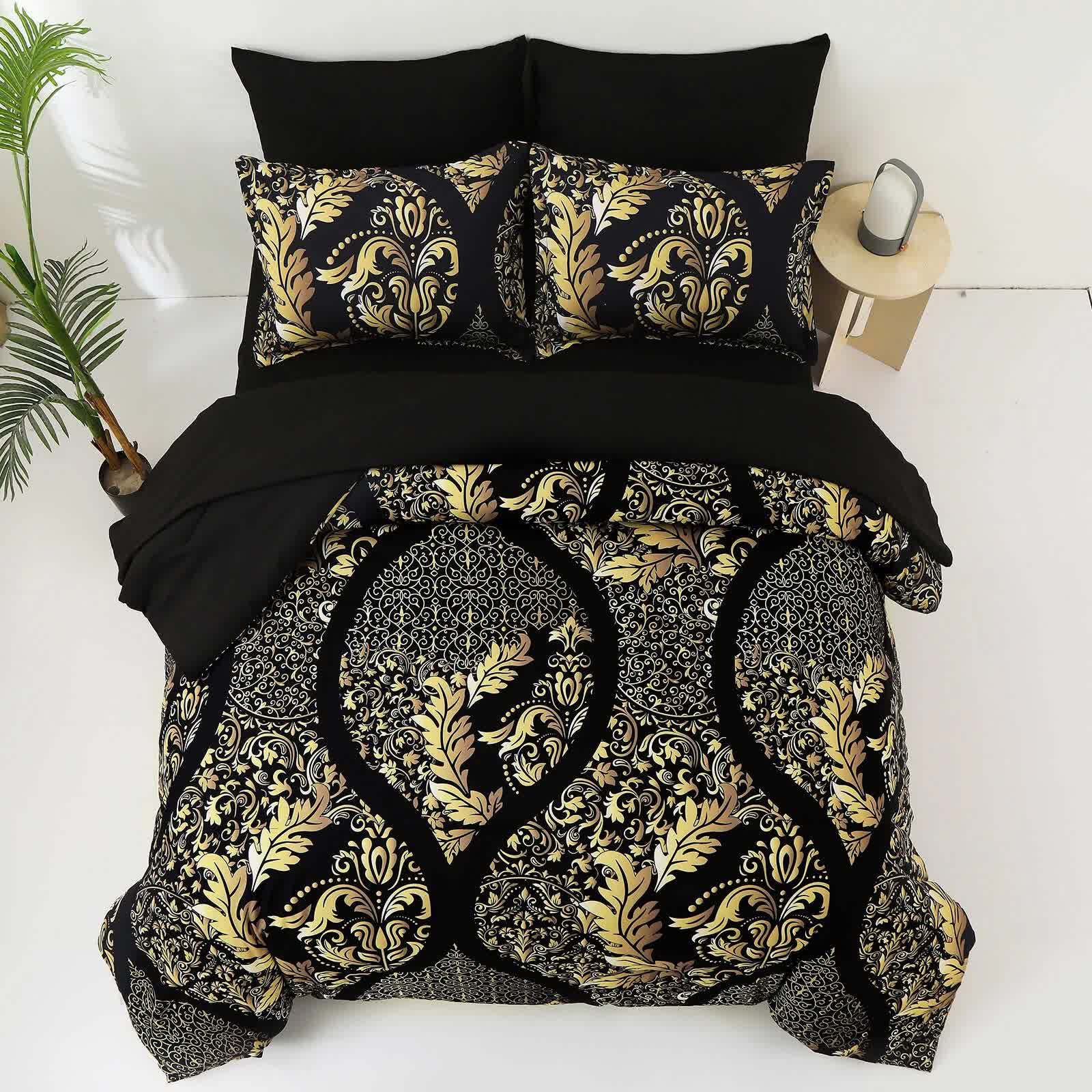 Regal Elegance Black and Gold 3 Pc Comforter & Pillow Cover Set KING with intricate gold pattern on black bedding in bedroom setting