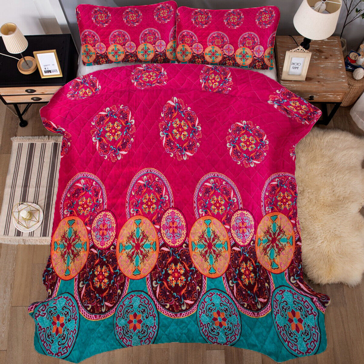 Charming Autumn Warm Plush 3 Pc Bedspread & Pillow Cover Set with vibrant patterns on queen bed in cozy bedroom setting