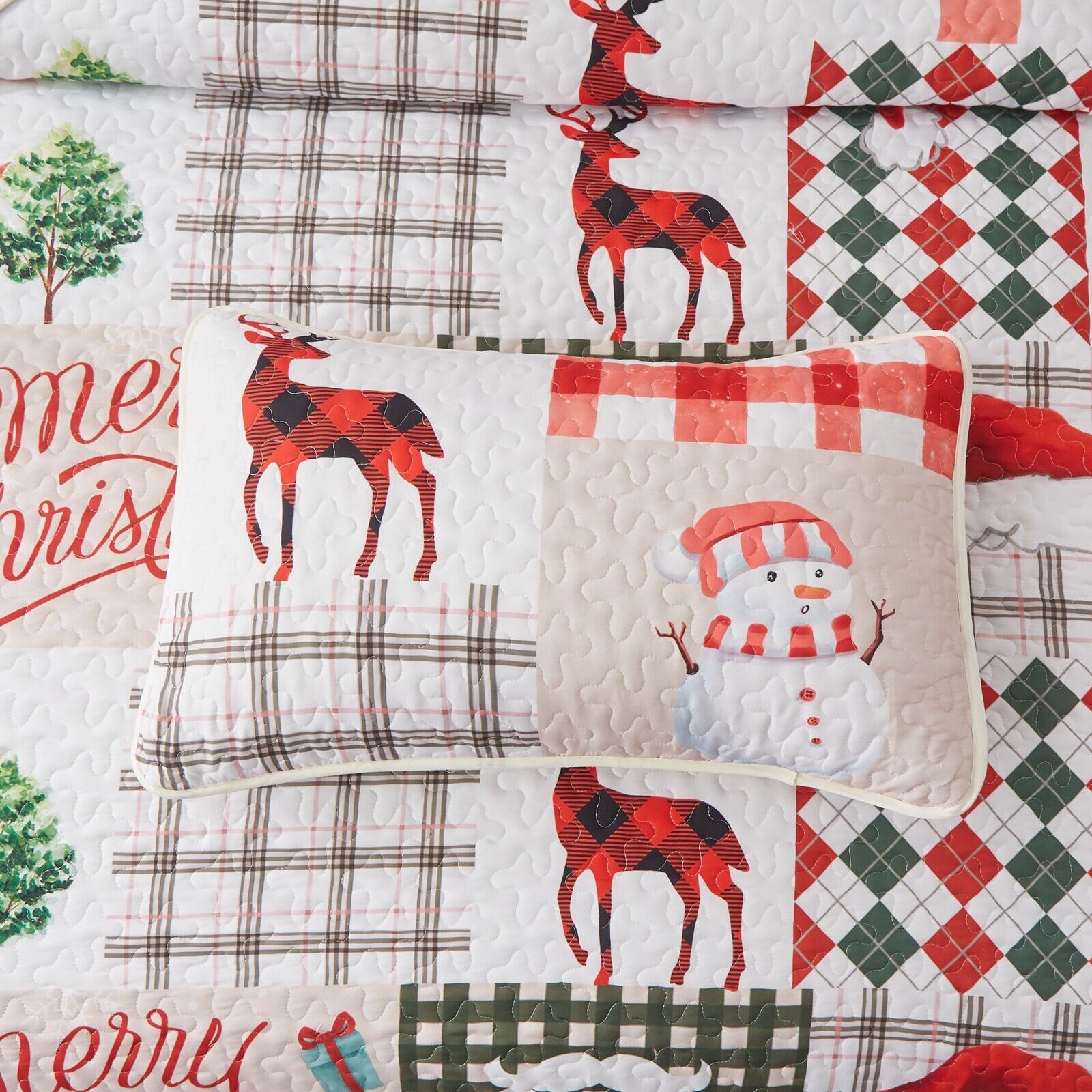 Ethereal christmas Dreamy Lightweight 3 Pc Bedspread & Pillow Cover Set with festive reindeer, snowman, and plaid design