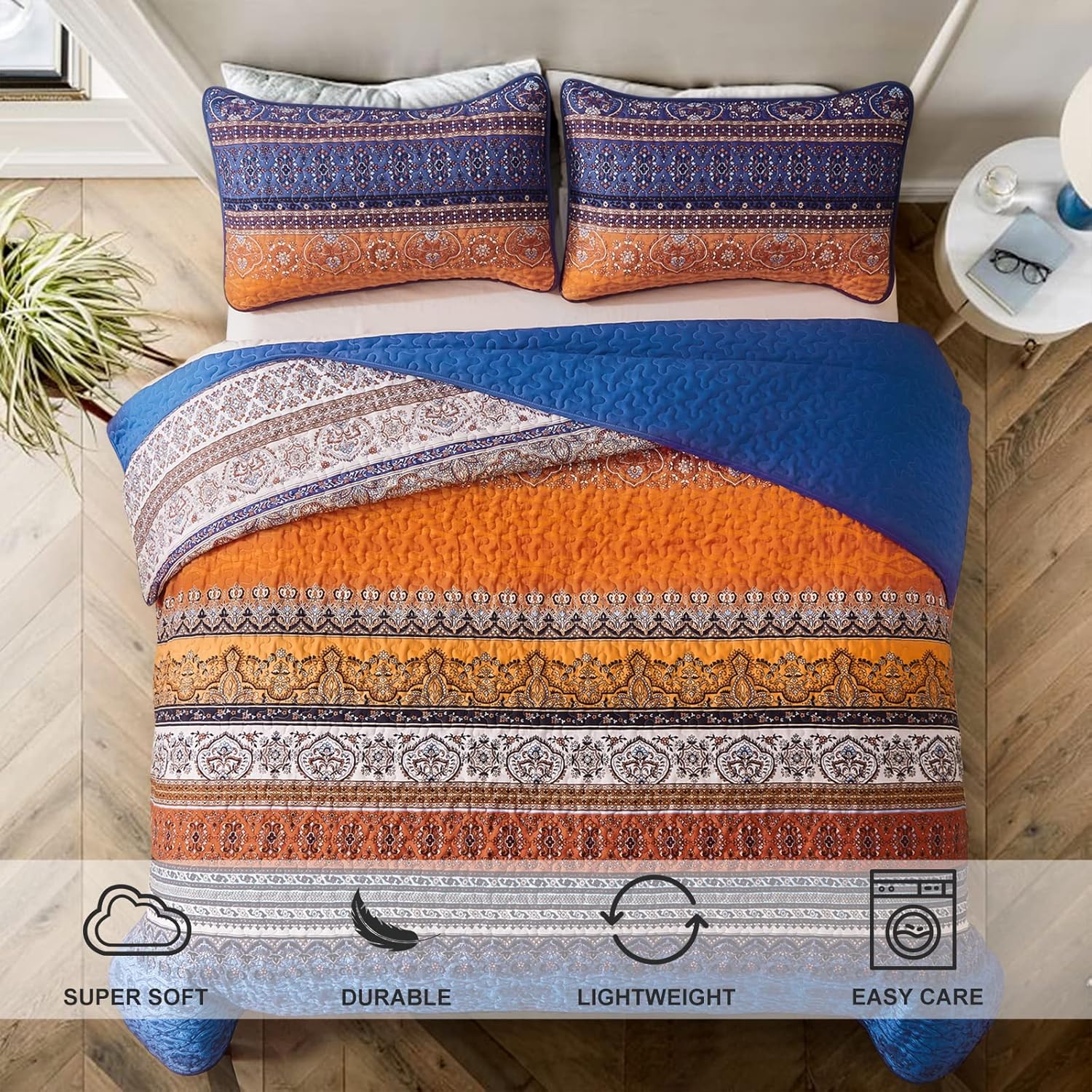 Exquisite Delicate Floral Classic 3 Pc Bedspread & Pillow Cover Set in blue and orange tones on queen bed with wood flooring