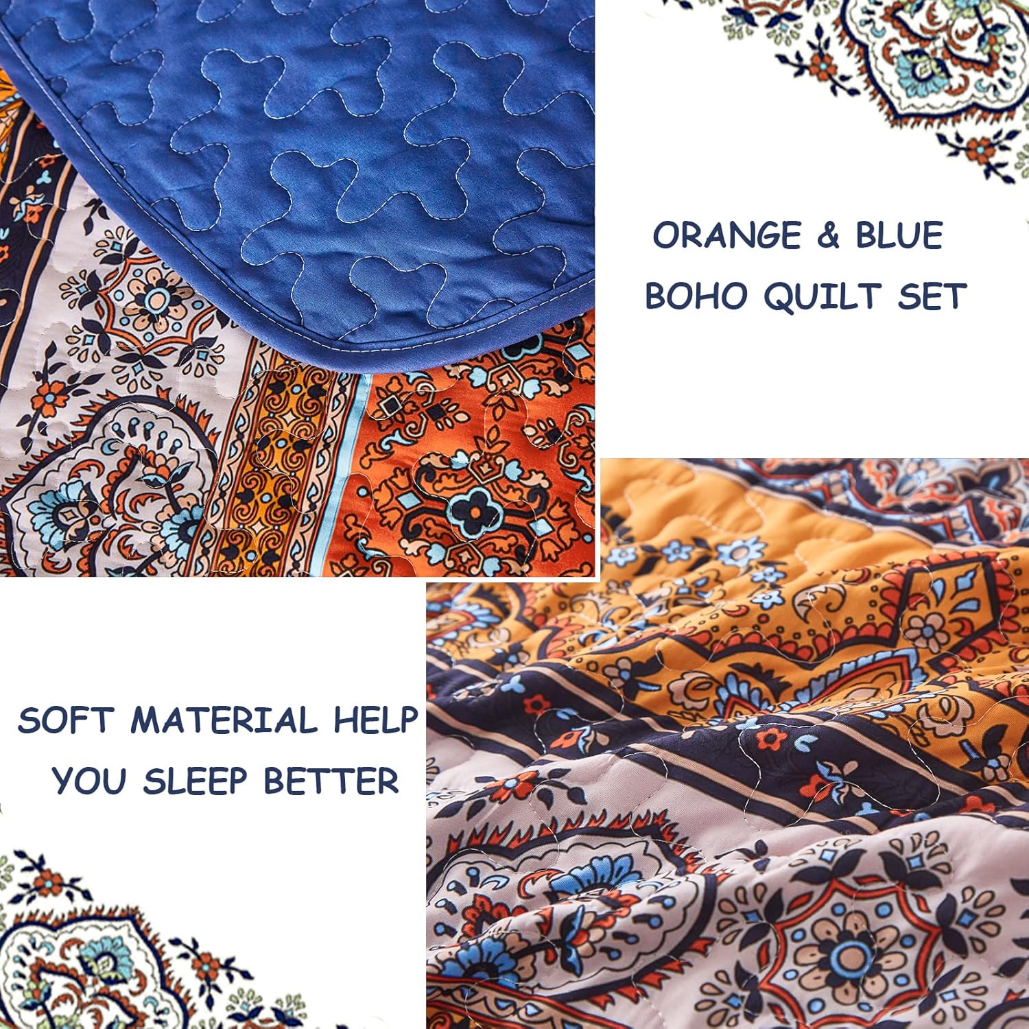 Exquisite Delicate Floral Classic 3 Pc Bedspread & Pillow Cover Set with orange and blue boho quilt design