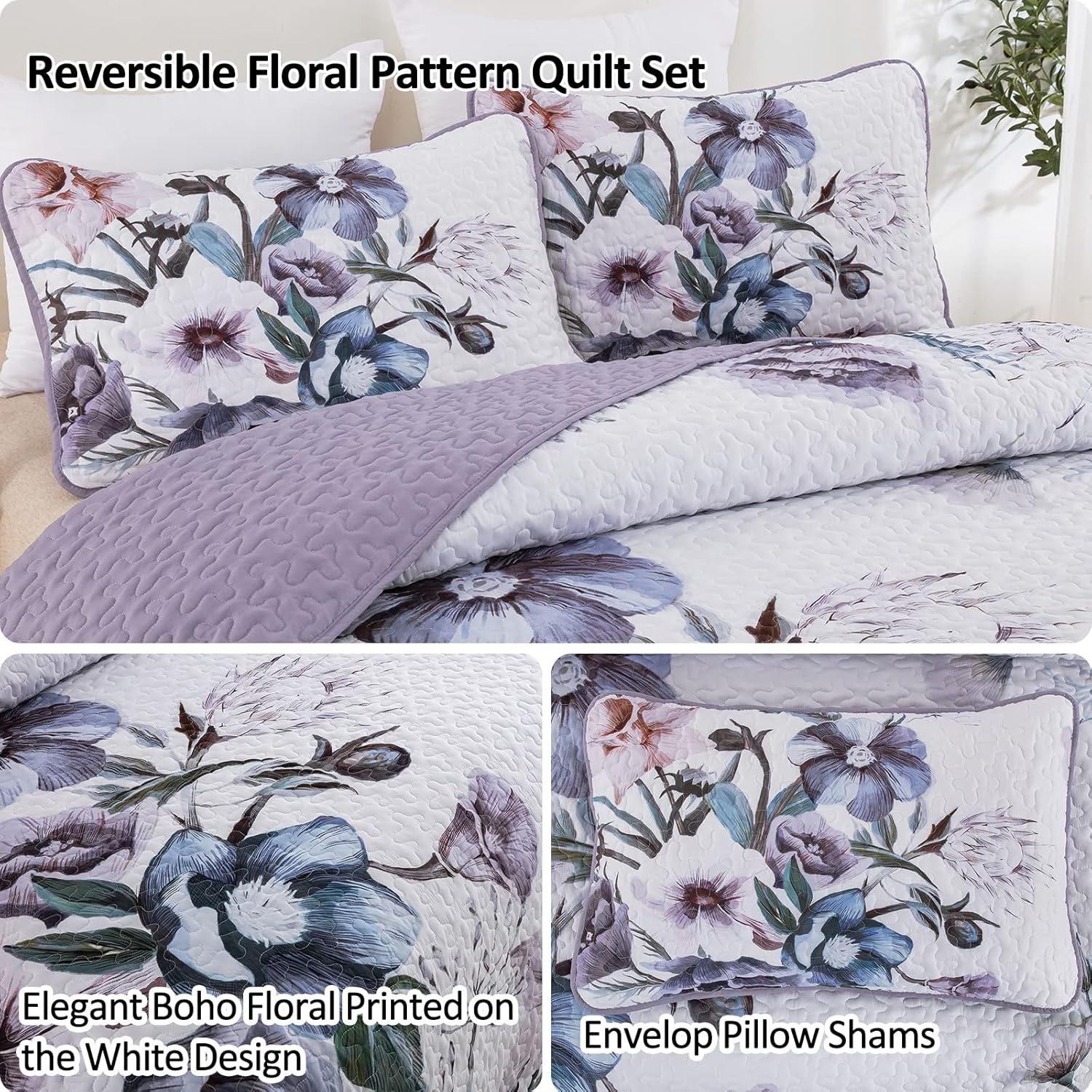 Romantic Wildflower Soft Cozy 3 Pc Bedspread & Pillow Cover Set with reversible floral quilt and envelop pillow shams in bedroom setting