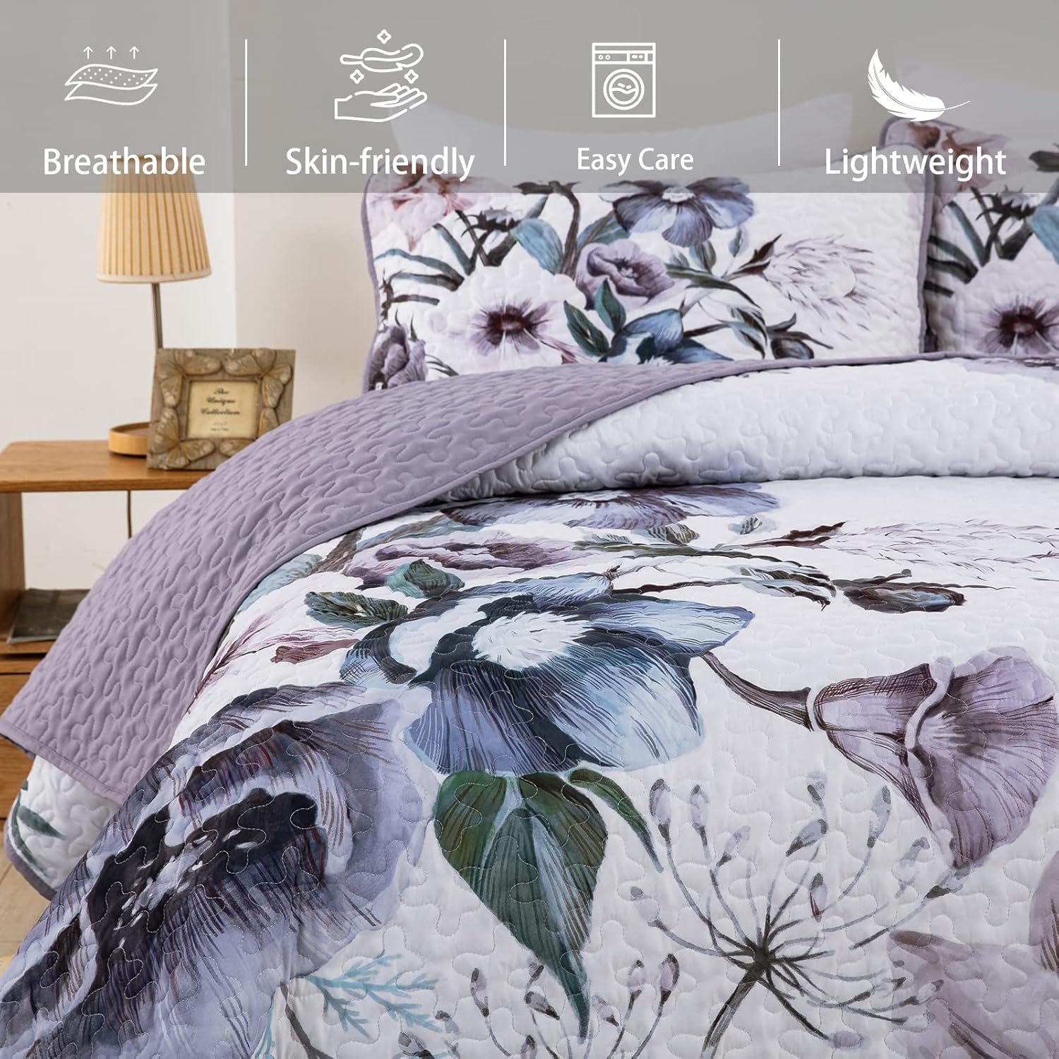 Romantic Wildflower Soft Cozy 3 Pc Bedspread & Pillow Cover Set with floral quilt and matching pillow shams on bed.