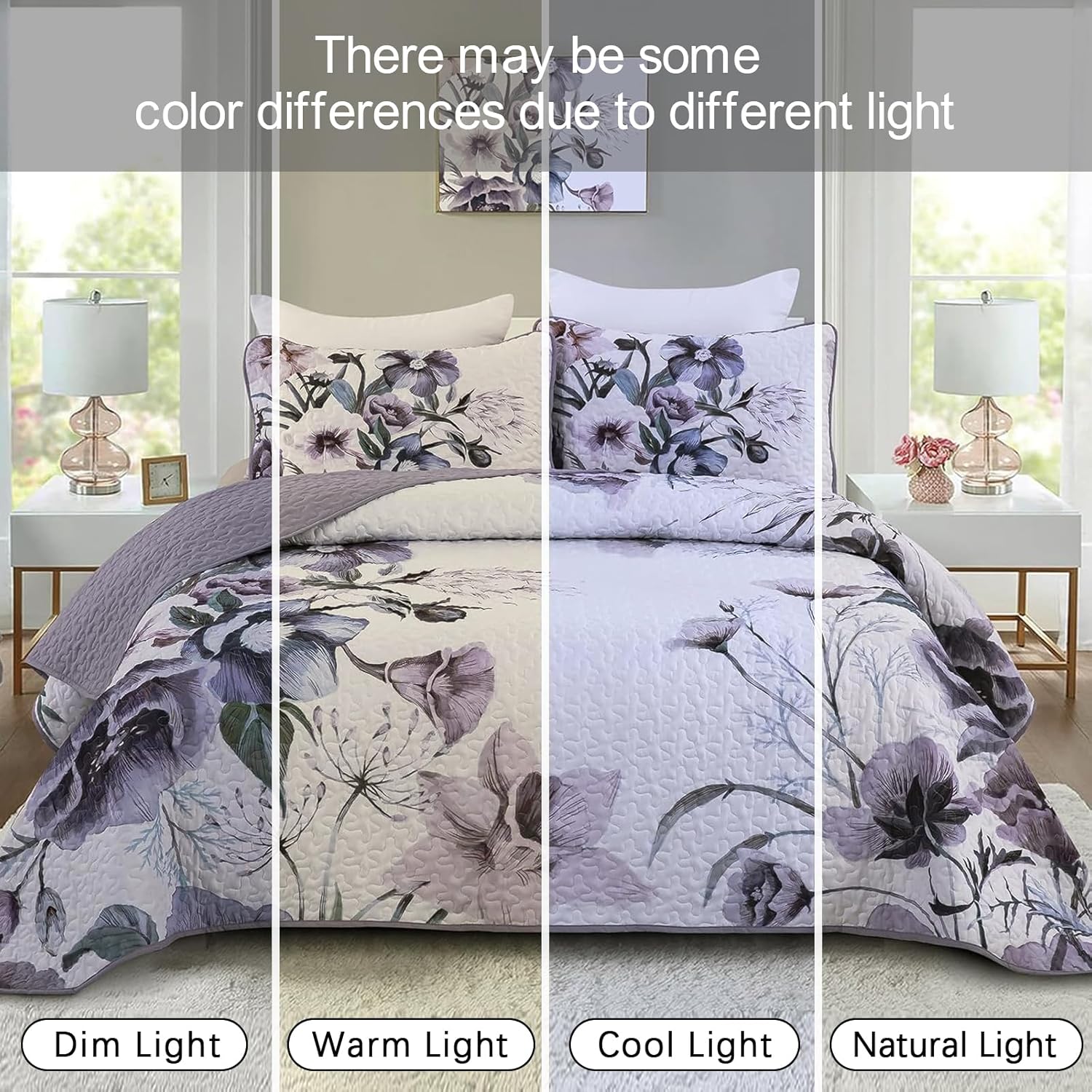 Romantic Wildflower Soft Cozy 3 Pc Bedspread & Pillow Cover Set on queen bed in bedroom with floral pattern and soft colors