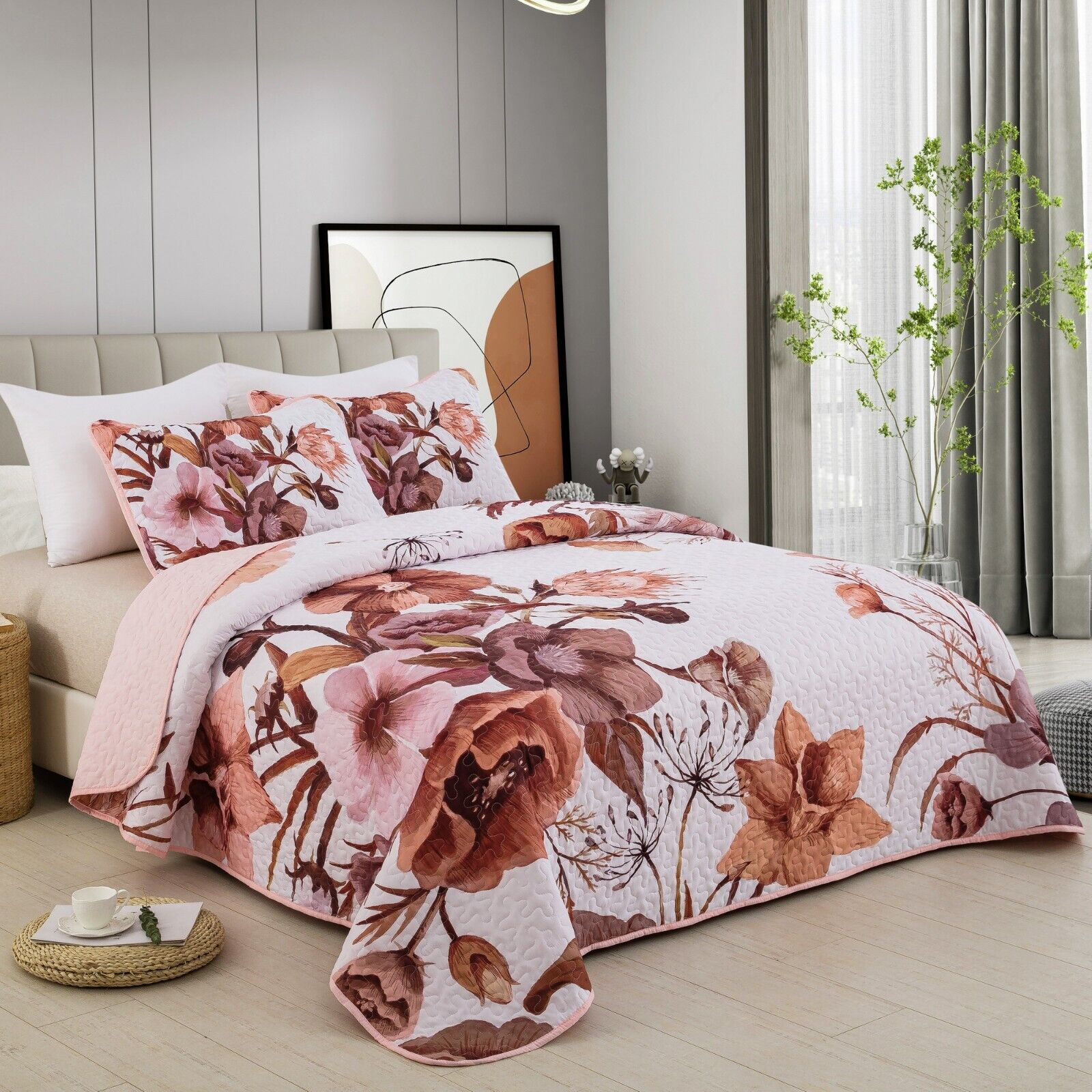 Serene Botanical Whisper romentic 3 Pc Bedspread & Pillow Cover Set with floral design on queen bed in modern bedroom