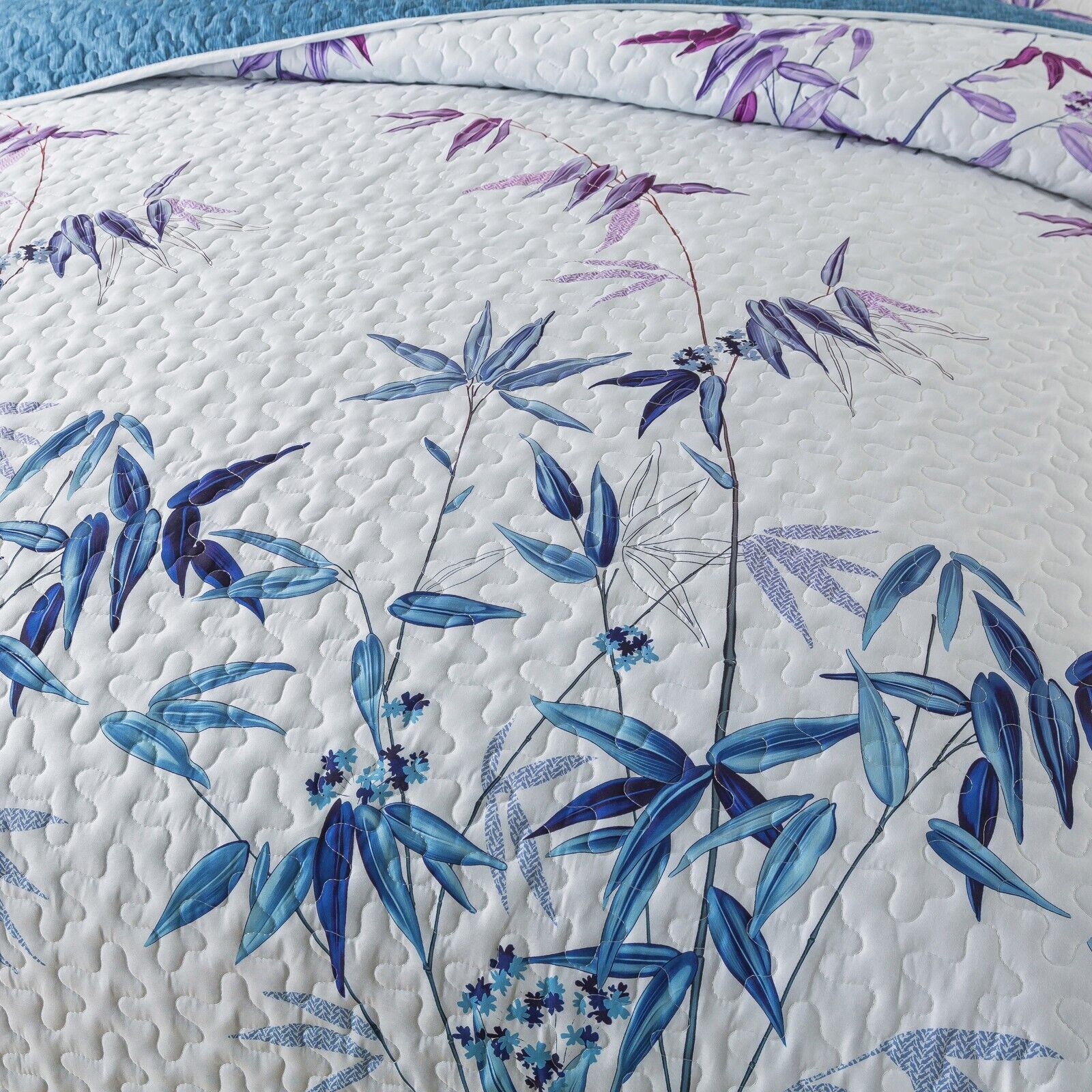 Ornate Vintage Lace purple blue3 Pc Bedspread & Pillow Cover Set with floral print on white quilted bedding by Bedzy