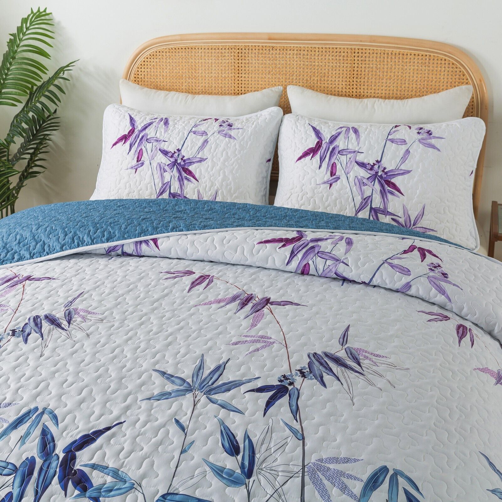 Ornate Vintage Lace purple blue3 Pc Bedspread & Pillow Cover Set with floral pattern on queen bed in bedroom setting
