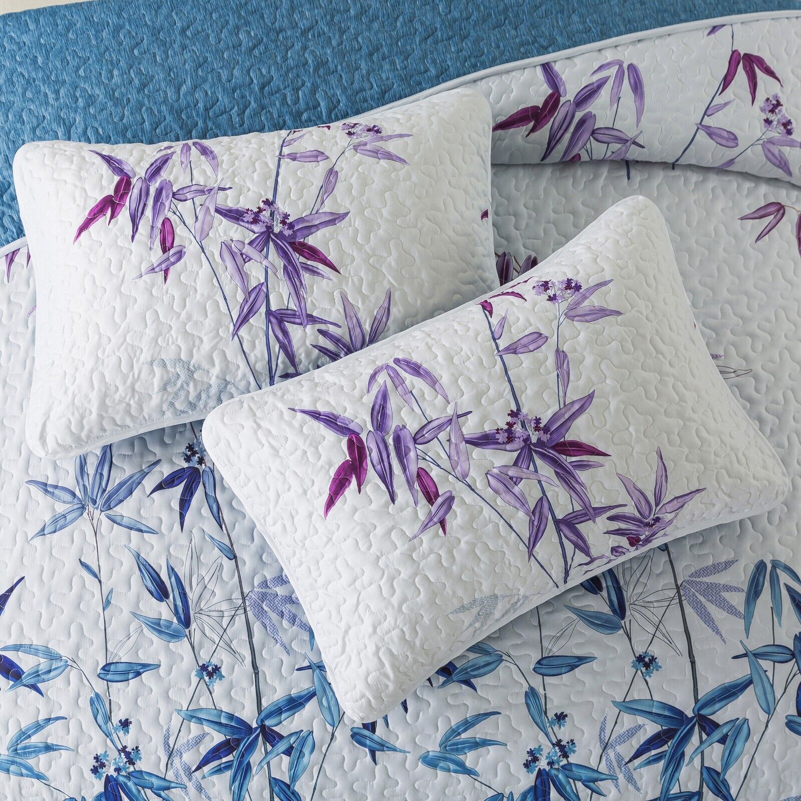 Ornate Vintage Lace purple blue3 Pc Bedspread & Pillow Cover Set with floral quilted design on lightweight reversible bedding
