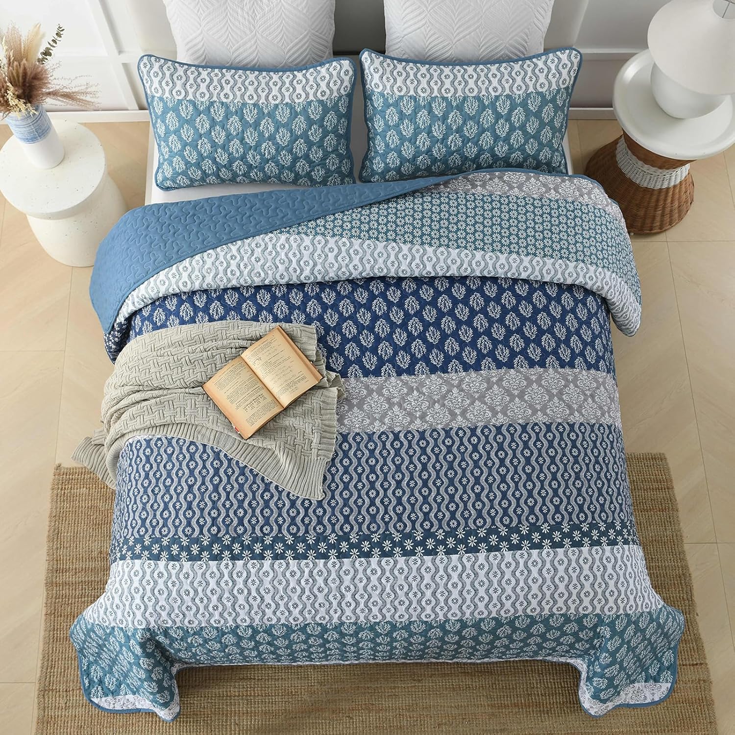 Classic Hydrangea Soft Quilted 3 Pc Bedspread & Pillow Cover Set on bed with patterned blue and white design in bedroom setting