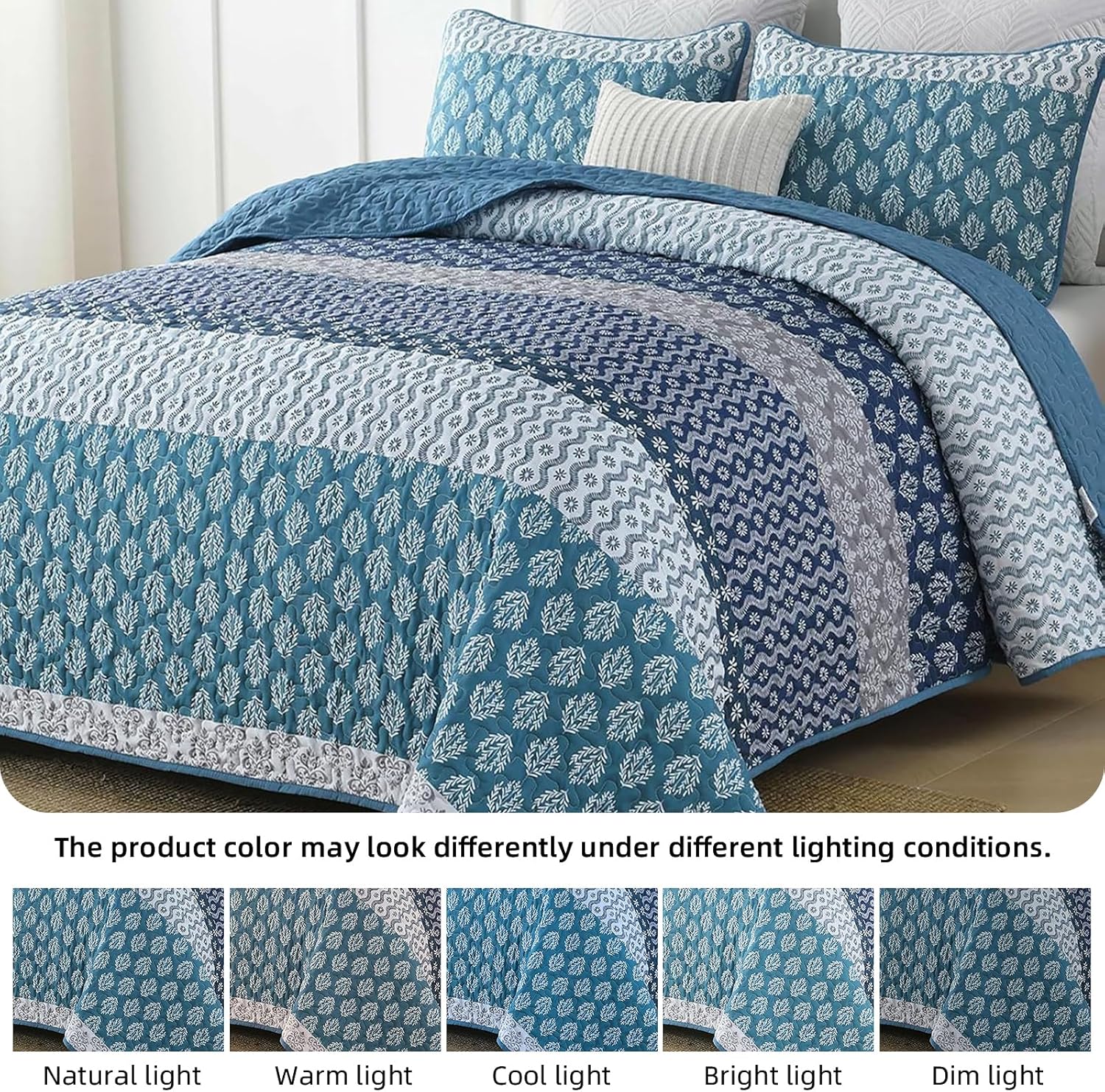 Classic Hydrangea Soft Quilted 3 Pc Bedspread & Pillow Cover Set in blue patterned quilt on bed with pillows