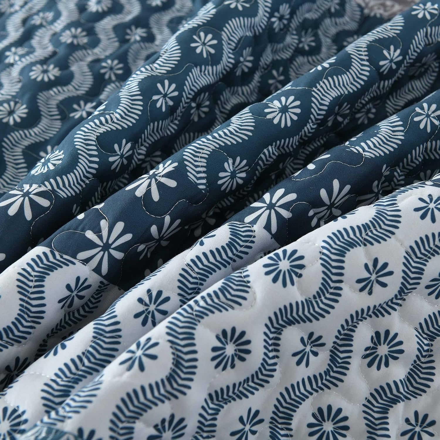 Classic Hydrangea Soft Quilted 3 Pc Bedspread & Pillow Cover Set with blue and white floral wave pattern close-up detail