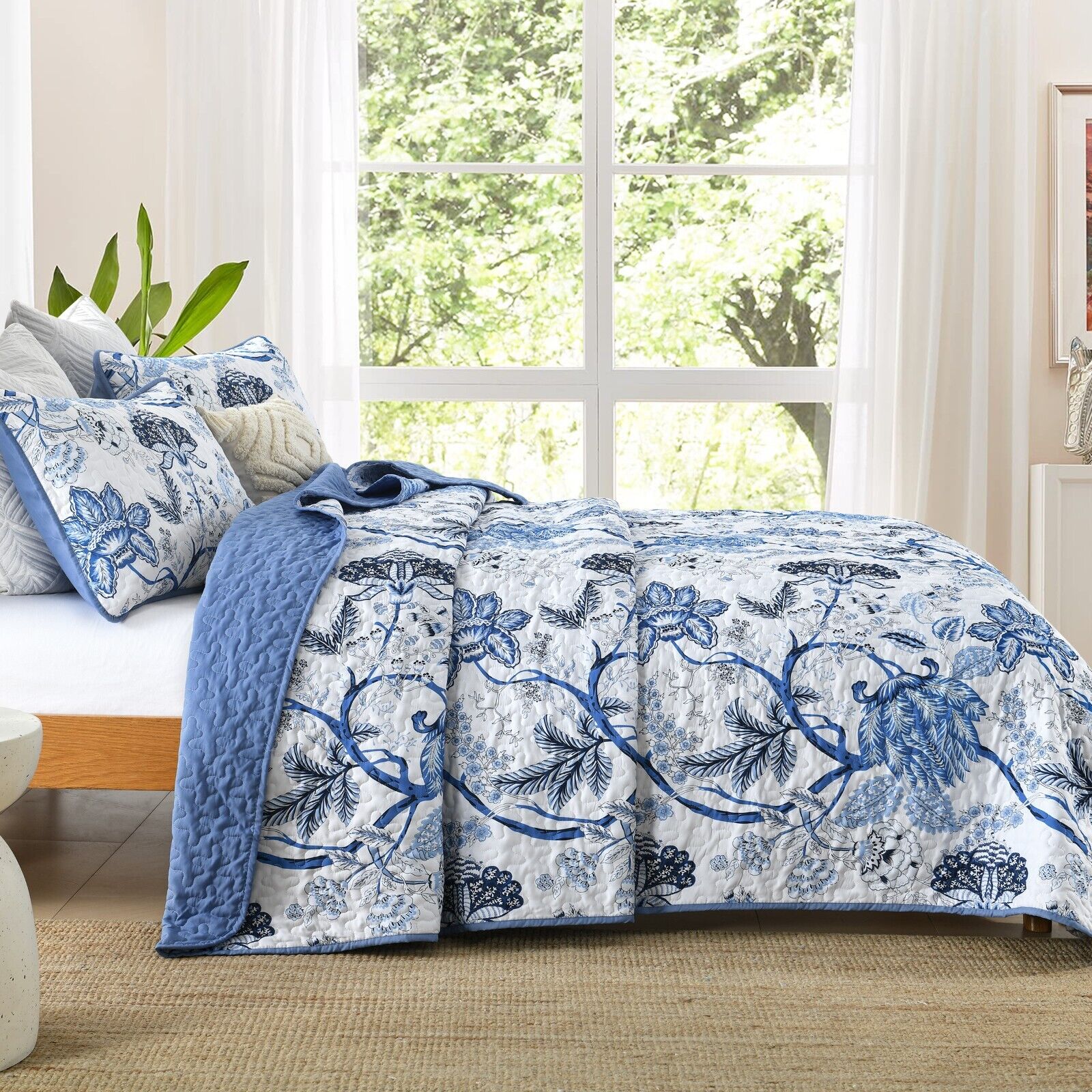 Blossoming Peony Garden blue white 3 Pc Bedspread & Pillow Cover Set on bed in bright bedroom with window light