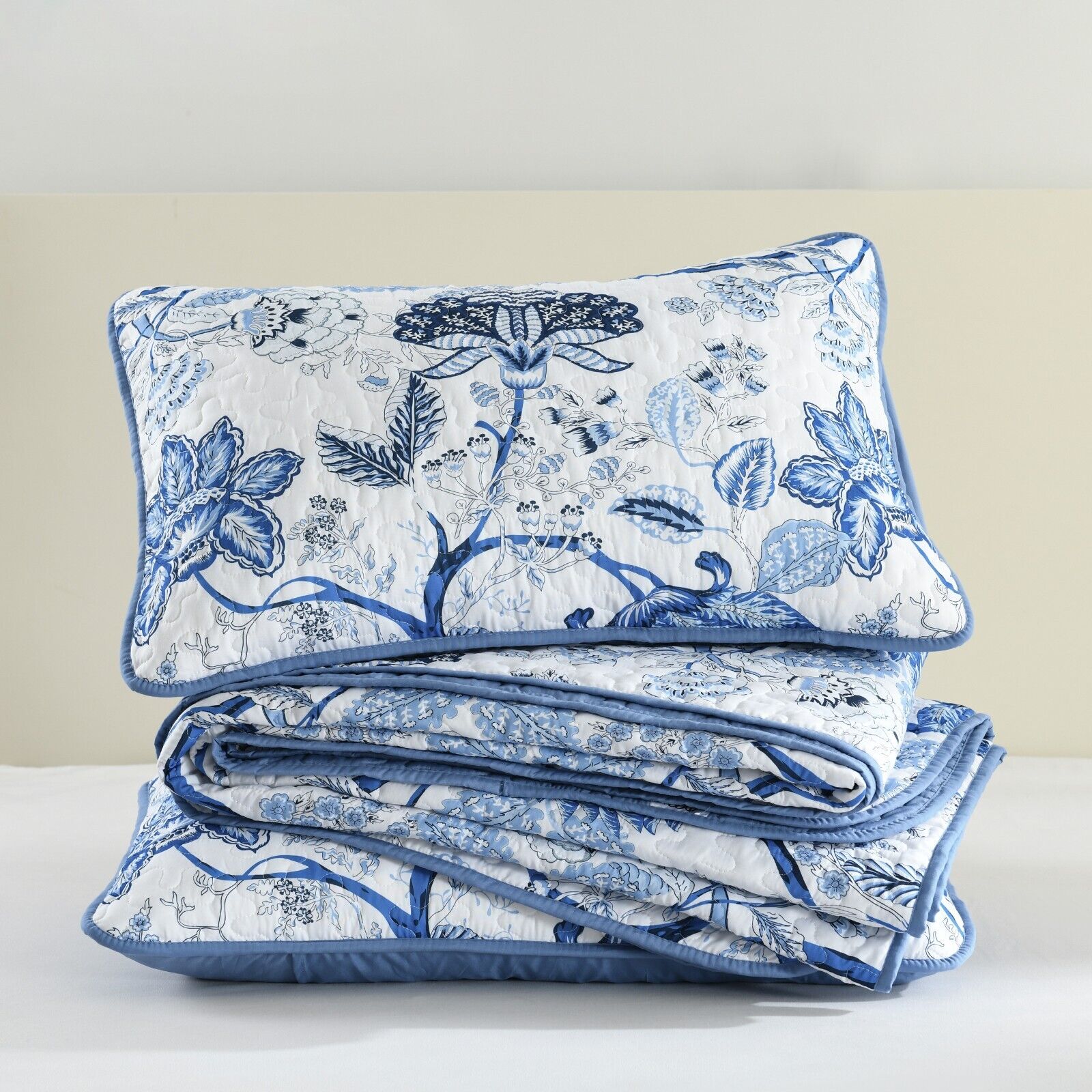 Blossoming Peony Garden blue white 3 Pc Bedspread & Pillow Cover Set with floral pattern on bedzy bedding for bedroom furniture