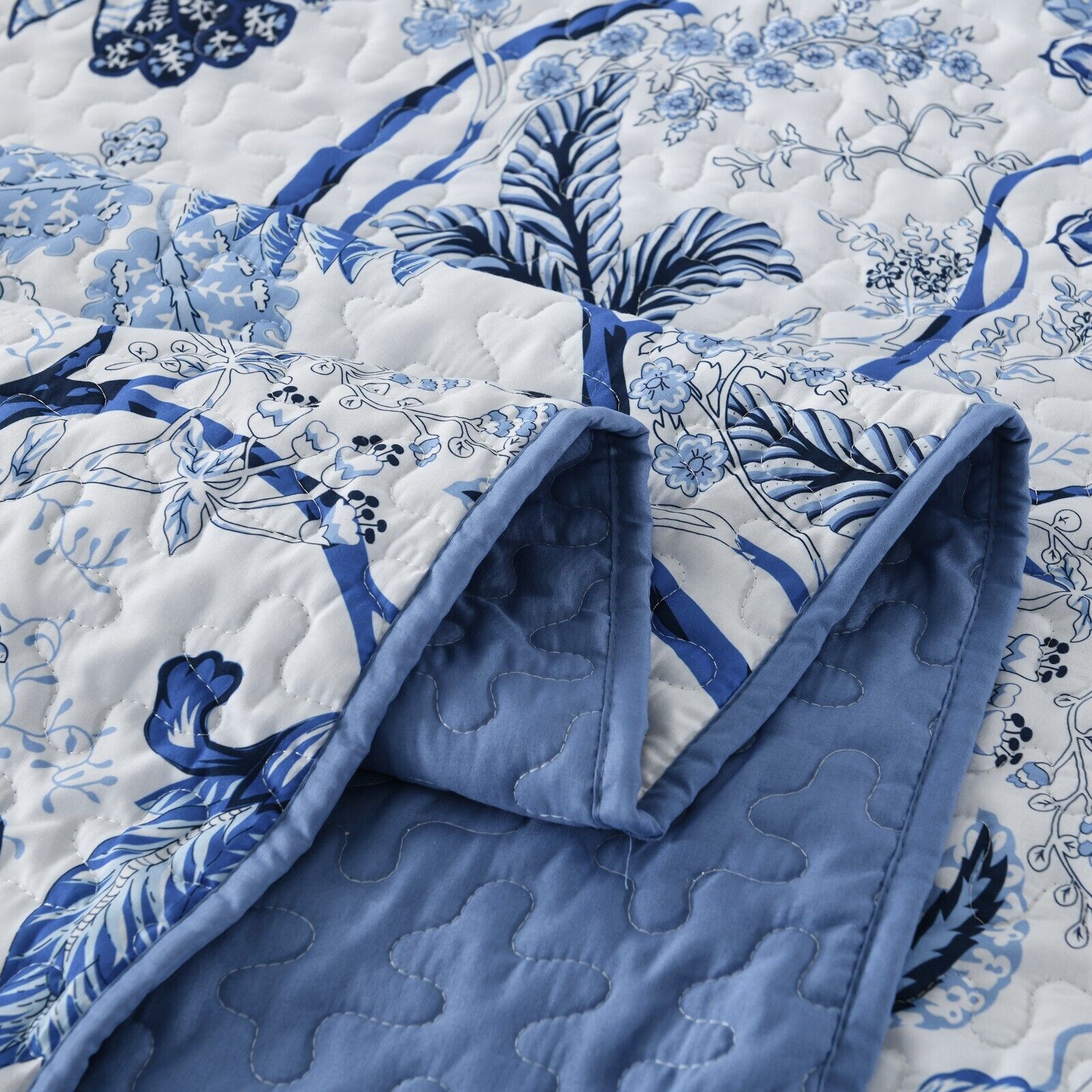 Blossoming Peony Garden blue white 3 Pc Bedspread & Pillow Cover Set with floral quilting and reversible solid blue backing