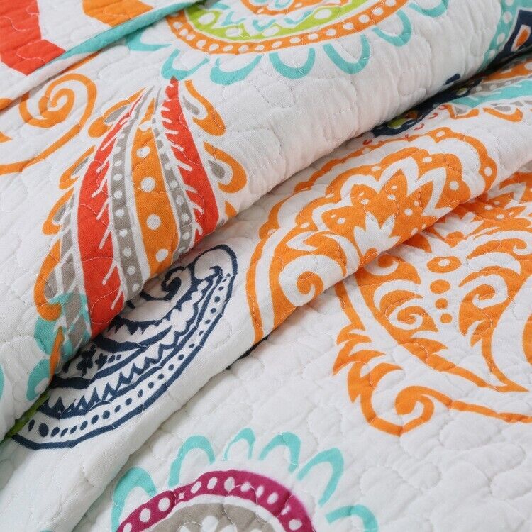 Embroidered Regal Lily Pattern 3 Pc Bedspread & Pillow Cover Set with colorful floral quilted design on white fabric