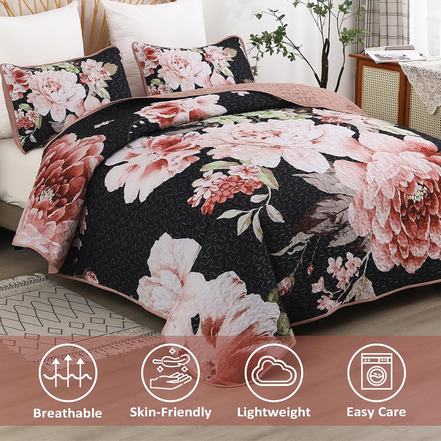 Botanical Evergreen Floral Cozy 3 Pc Bedspread & Pillow Cover Set with large pink flowers on black background in bedroom setting