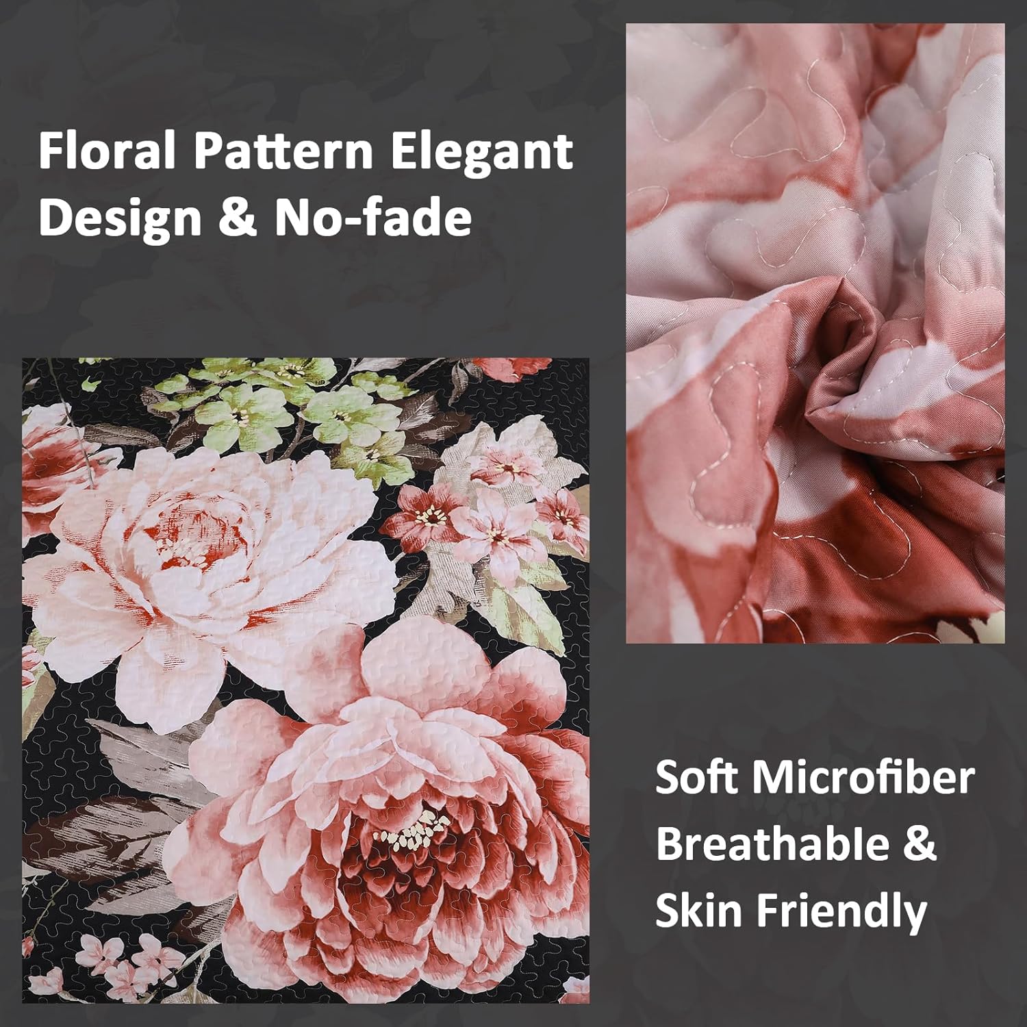 Botanical Evergreen Floral Cozy 3 Pc Bedspread & Pillow Cover Set with floral design and soft microfiber fabric close-up