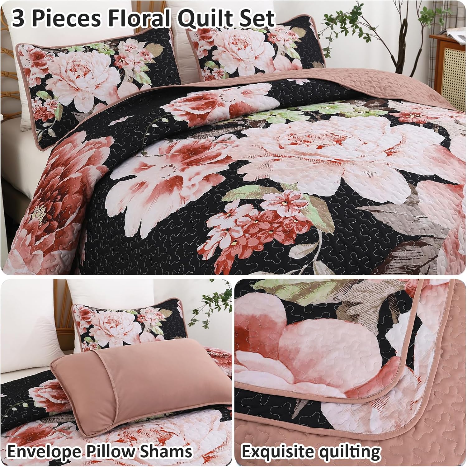 Botanical Evergreen Floral Cozy 3 Pc Bedspread & Pillow Cover Set with floral quilt and envelope pillow shams on bed.