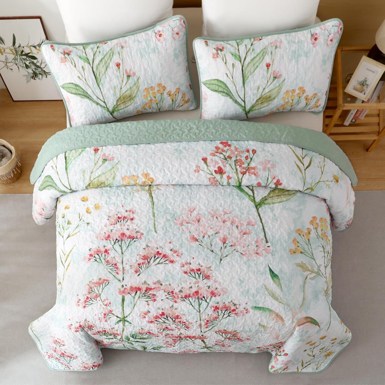 Opulent Sapphire bloom classy 3 Pc Bedspread & Pillow Cover Set with floral quilt and matching pillow covers on bed