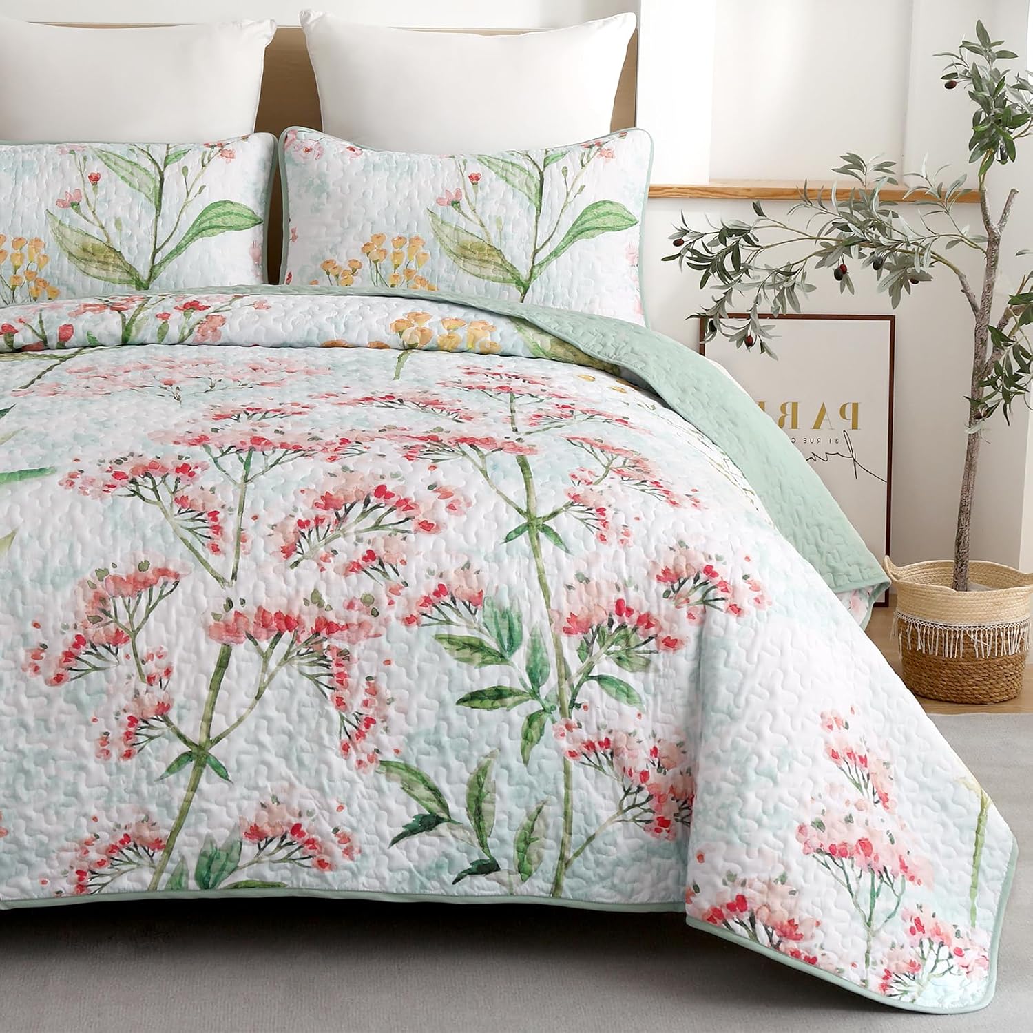 Opulent Sapphire bloom classy 3 Pc Bedspread & Pillow Cover Set with floral print on queen bed in bedroom setting