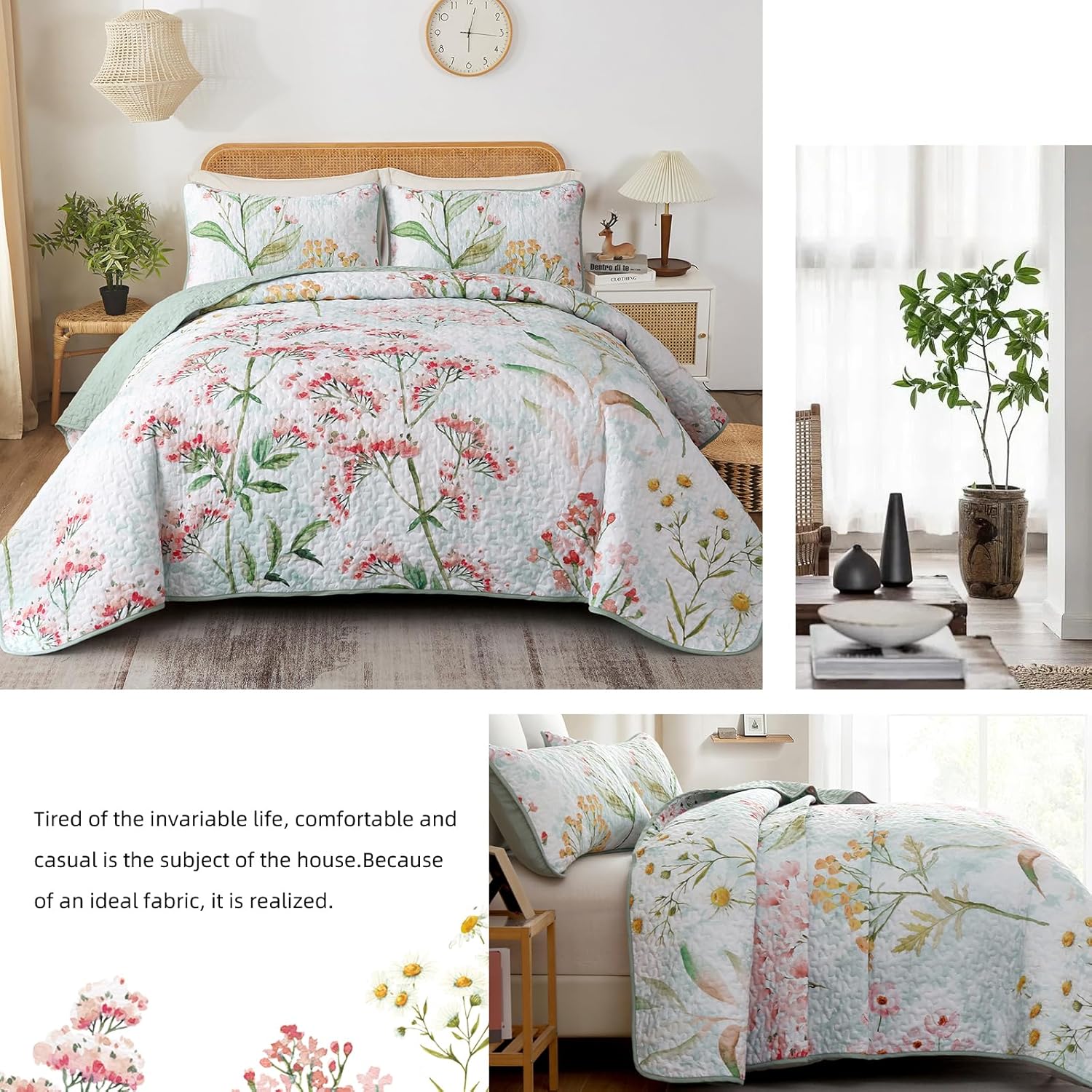 Opulent Sapphire bloom classy 3 Pc Bedspread & Pillow Cover Set with floral quilt design on queen bed in bright bedroom setting