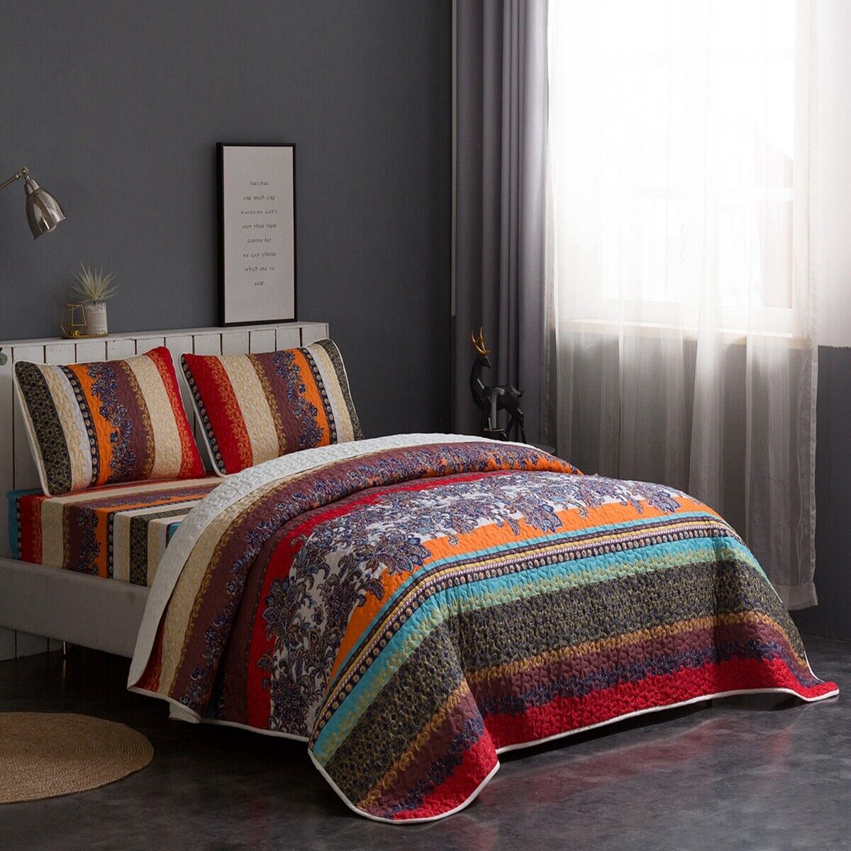 Rusty Boho floral Chic 3 Pc Bedspread & Pillow Cover Set on white bed frame in modern bedroom setting with gray walls