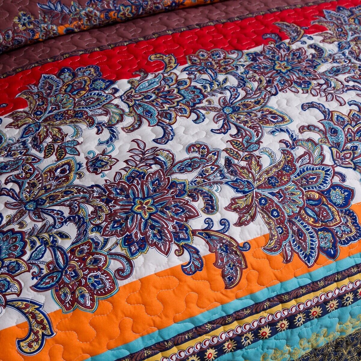 Close-up of Rusty Boho floral Chic 3 Pc Bedspread & Pillow Cover Set with vibrant floral patterns and stitched quilt design