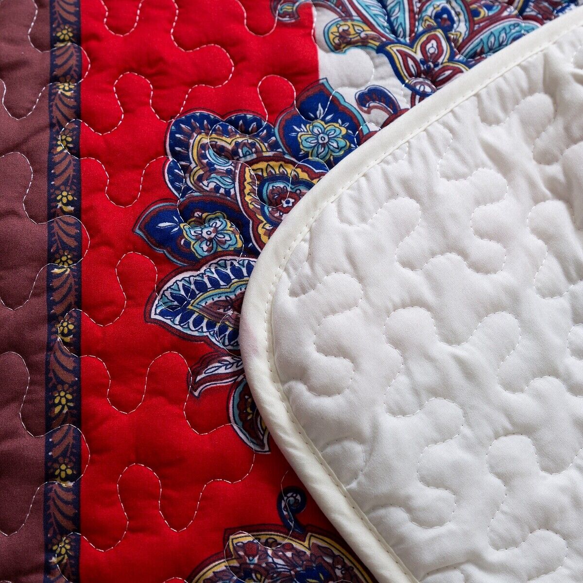 Rusty Boho floral Chic 3 Pc Bedspread & Pillow Cover Set showing detailed stitching and reversible fabric layers
