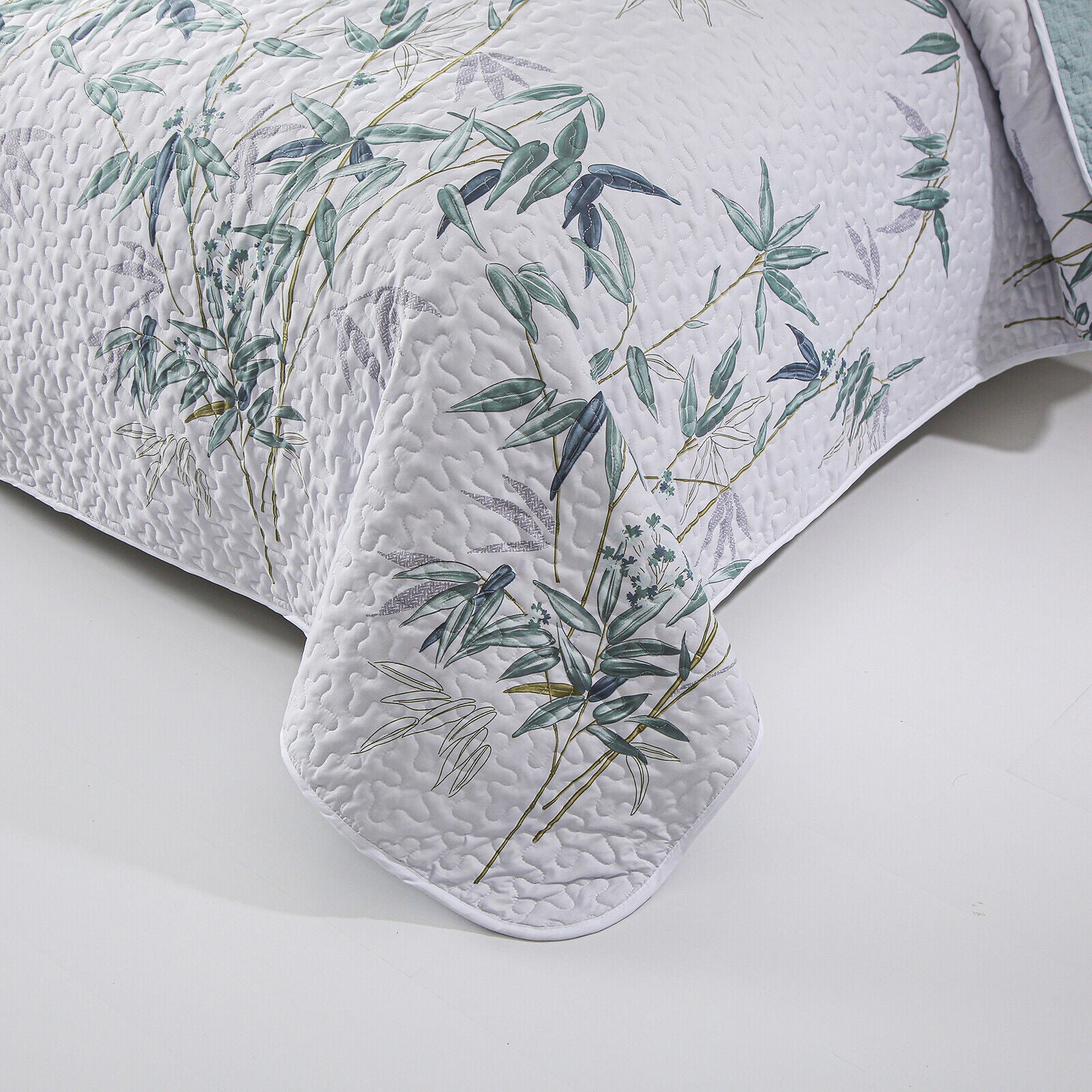 Soft leafey bloom Quilted 3 Pc Bedspread & Pillow Cover Set with green botanical pattern on white quilted fabric