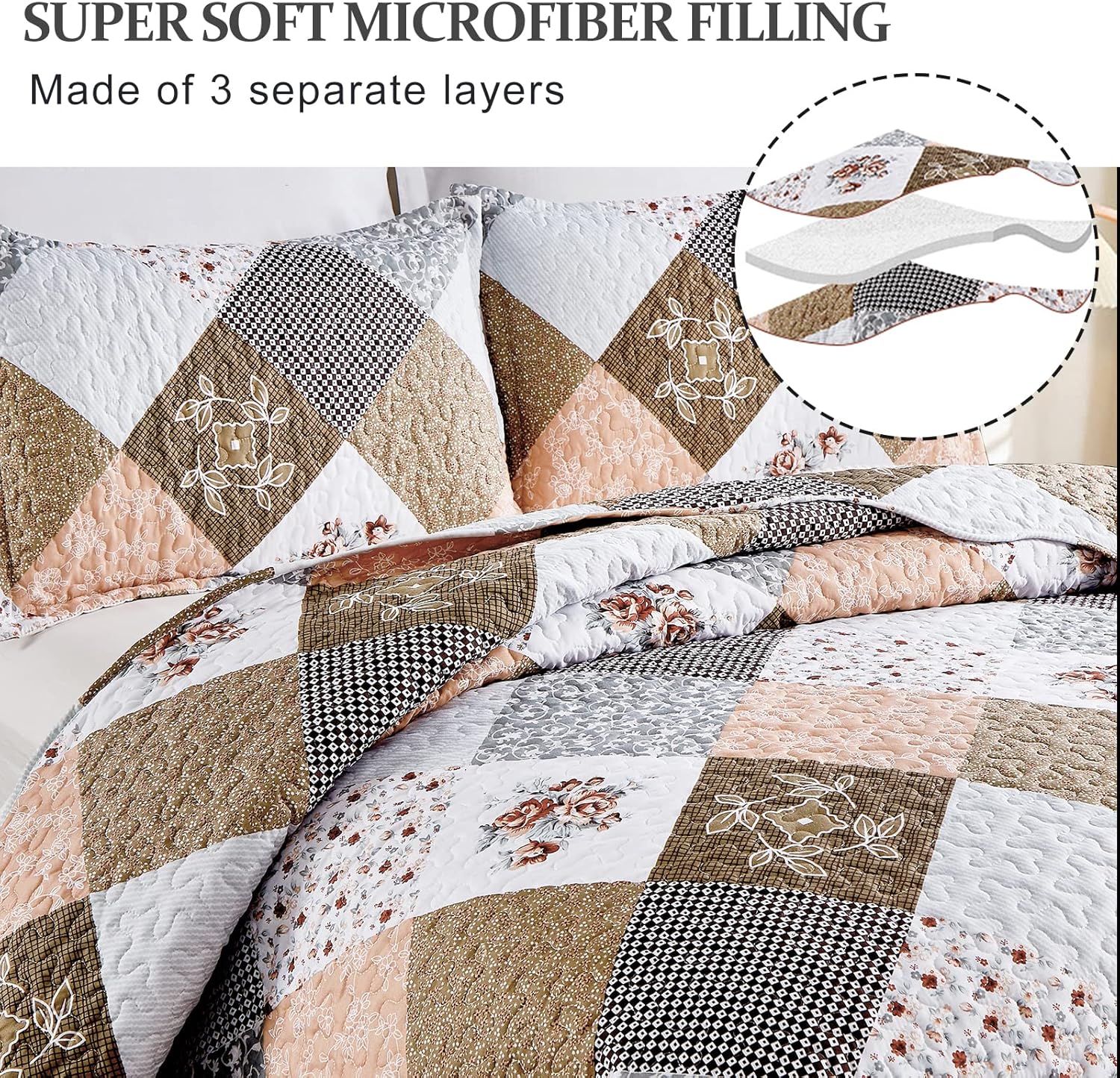 Gleaming rust brown colo patchwork 3 Pc XL Bedspread & Pillow Cover Set with soft microfiber filling and intricate patterns