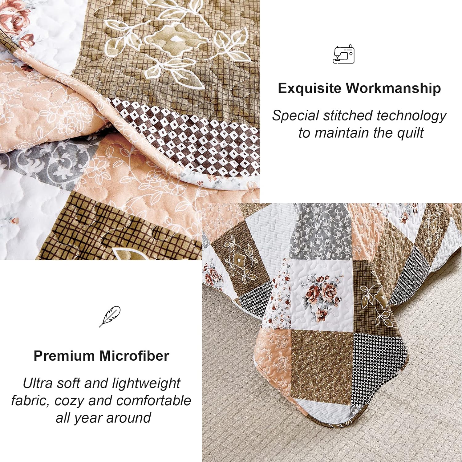Gleaming rust brown colo patchwork 3 Pc Bedspread & Pillow Cover Set with stitched quilt design and soft microfiber fabric.