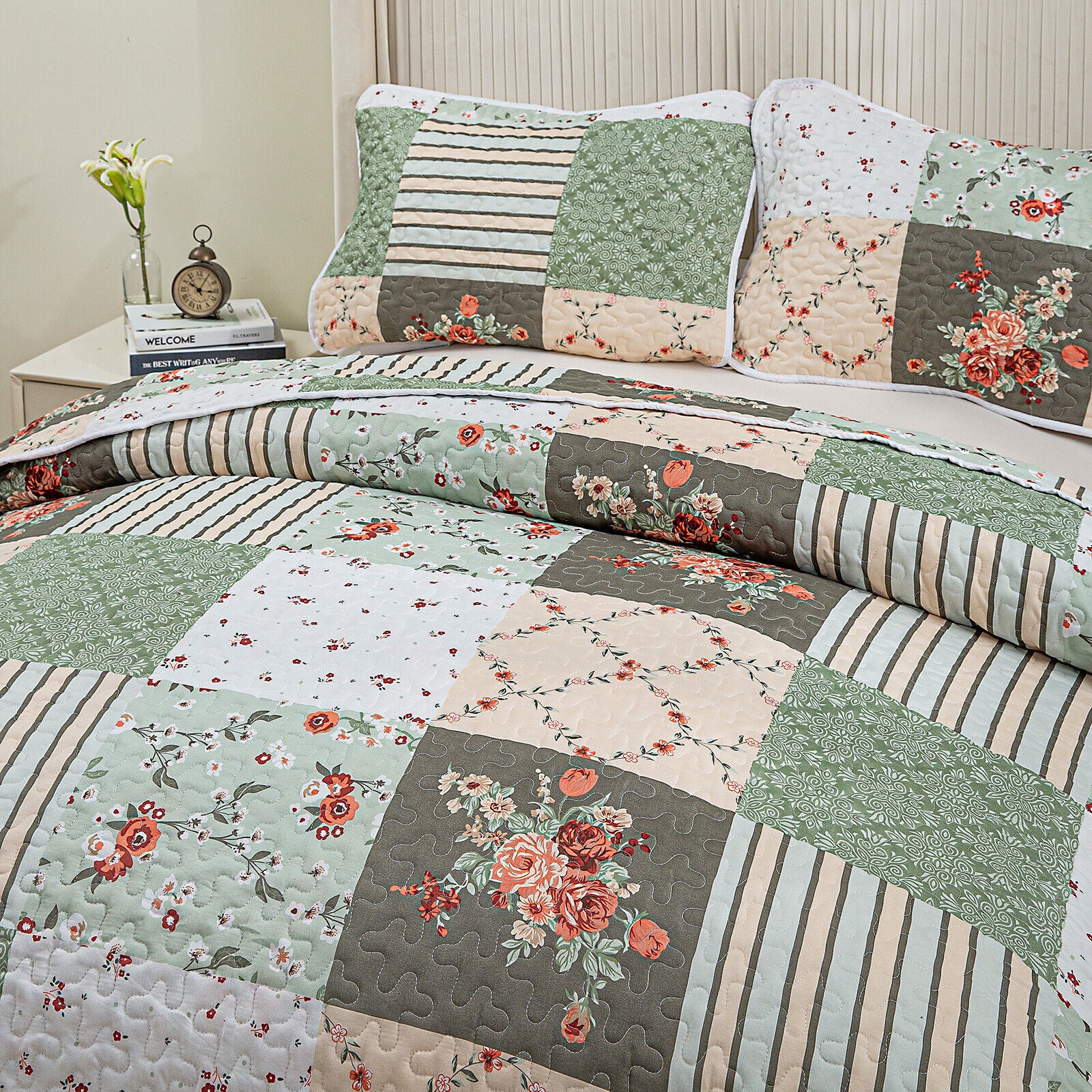 Warm Cozy patchwork greem 3 Pc Bedspread & Pillow Cover Set with floral and striped quilt design on bedzy bed