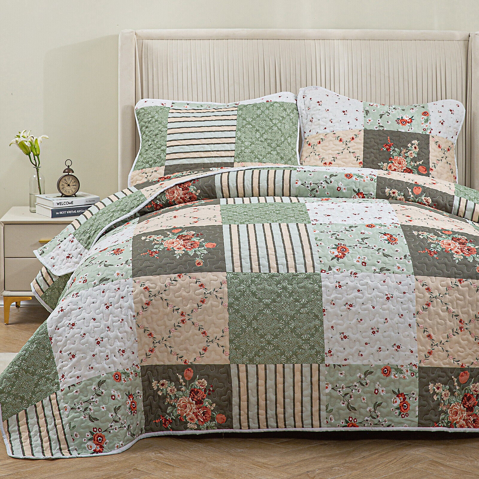 Warm Cozy patchwork greem 3 Pc Bedspread & Pillow Cover Set with floral and striped quilt on beige upholstered bed