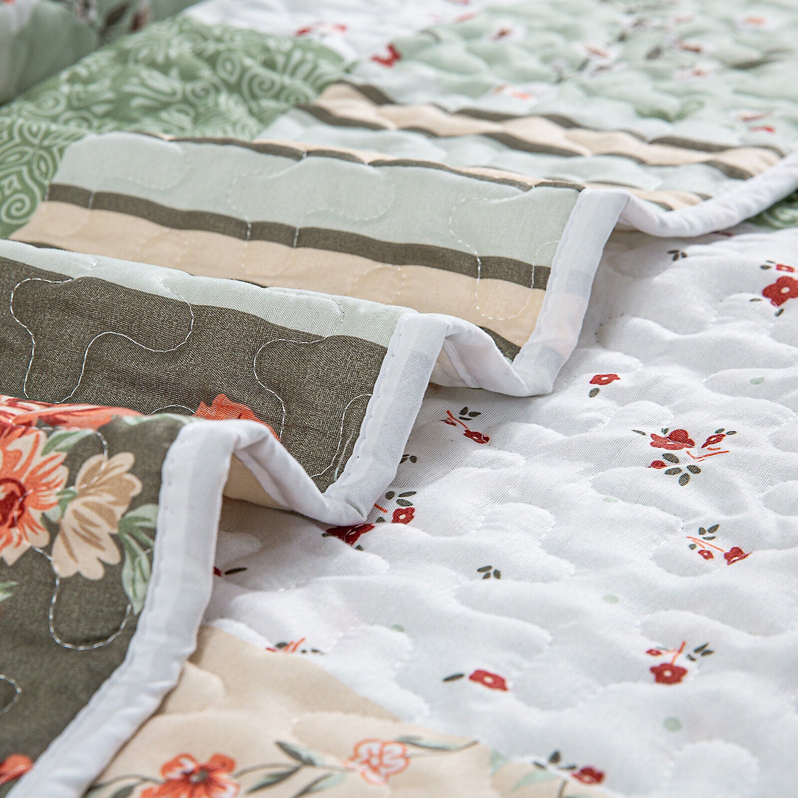 Warm Cozy patchwork greem 3 Pc Bedspread & Pillow Cover Set with floral and striped quilted patterns on soft fabric.