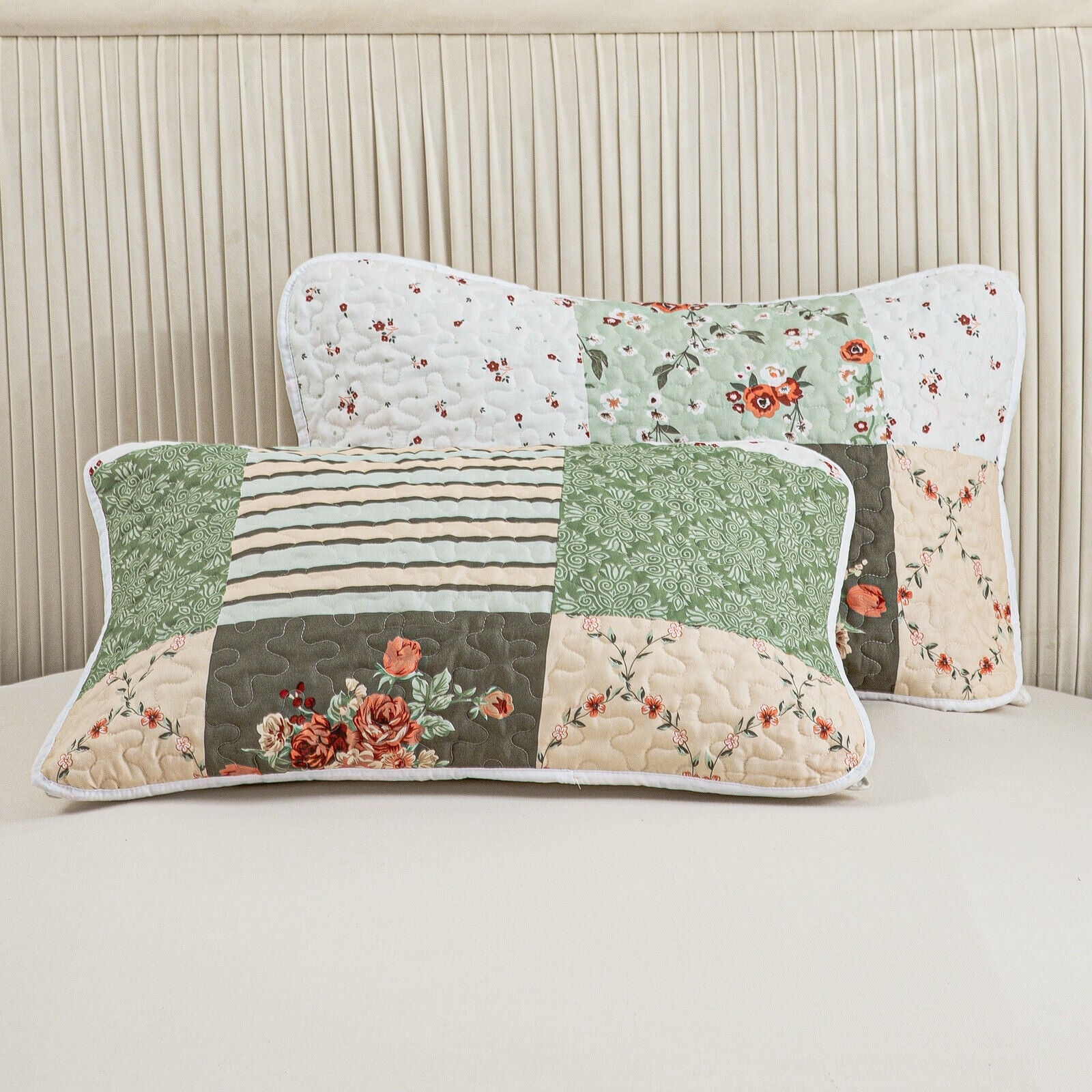 Warm Cozy patchwork greem 3 Pc Bedspread & Pillow Cover Set with floral and stripe designs on quilted pillow covers