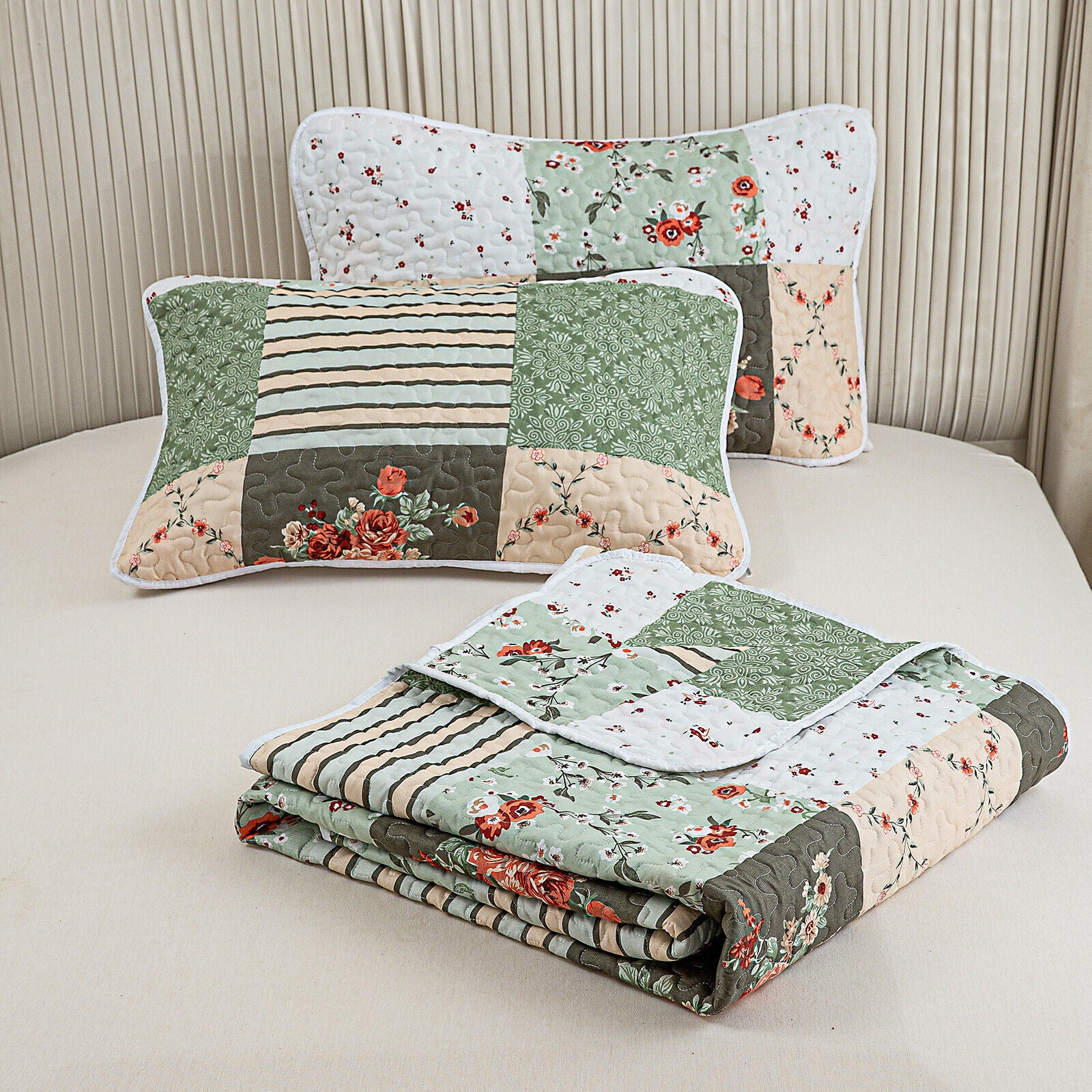 Warm Cozy patchwork greem 3 Pc Bedspread & Pillow Cover Set with floral and striped patterns in green, beige, and white tones