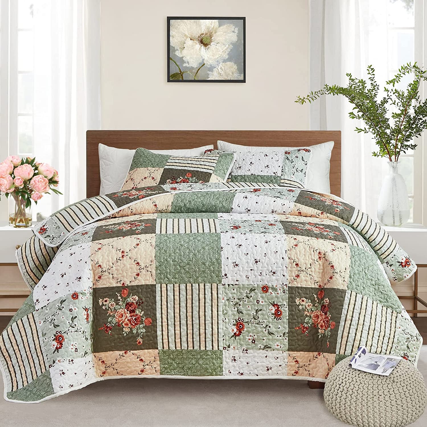 Warm Cozy patchwork greem 3 Pc Bedspread & Pillow Cover Set on bed with floral and striped quilt design in bedroom setting
