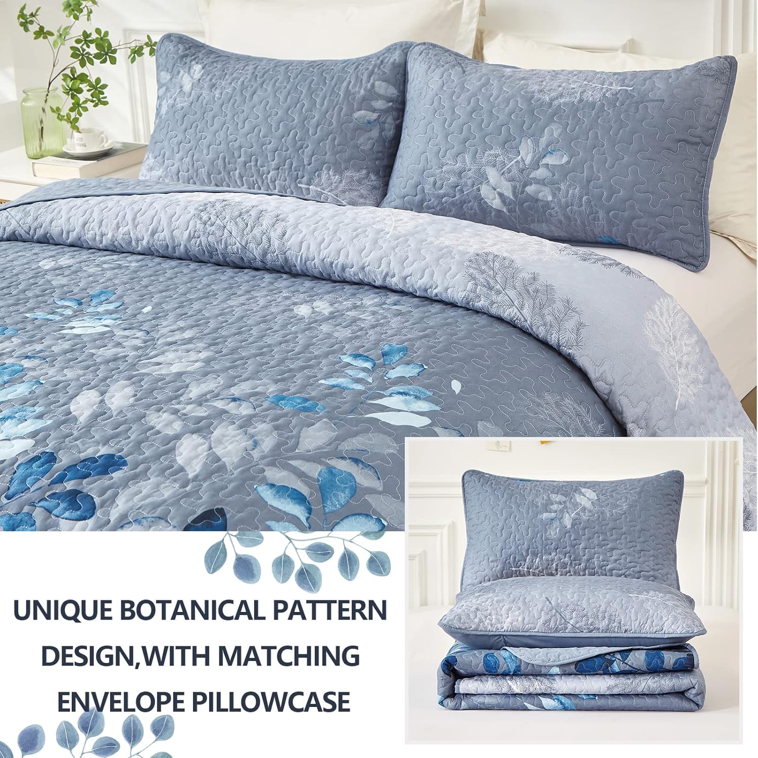 Tranquil Zen Garden Floral 3 Pc Bedspread & Pillow Cover Set with botanical pattern in blue shades on bedzy bedroom furniture