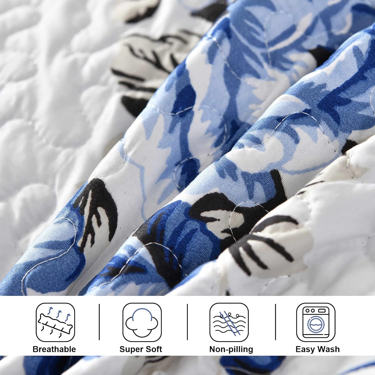 Rich white blue Elegant 3 Pc Bedspread & Pillow Cover Set close-up showing breathable, soft, quilted fabric with floral pattern