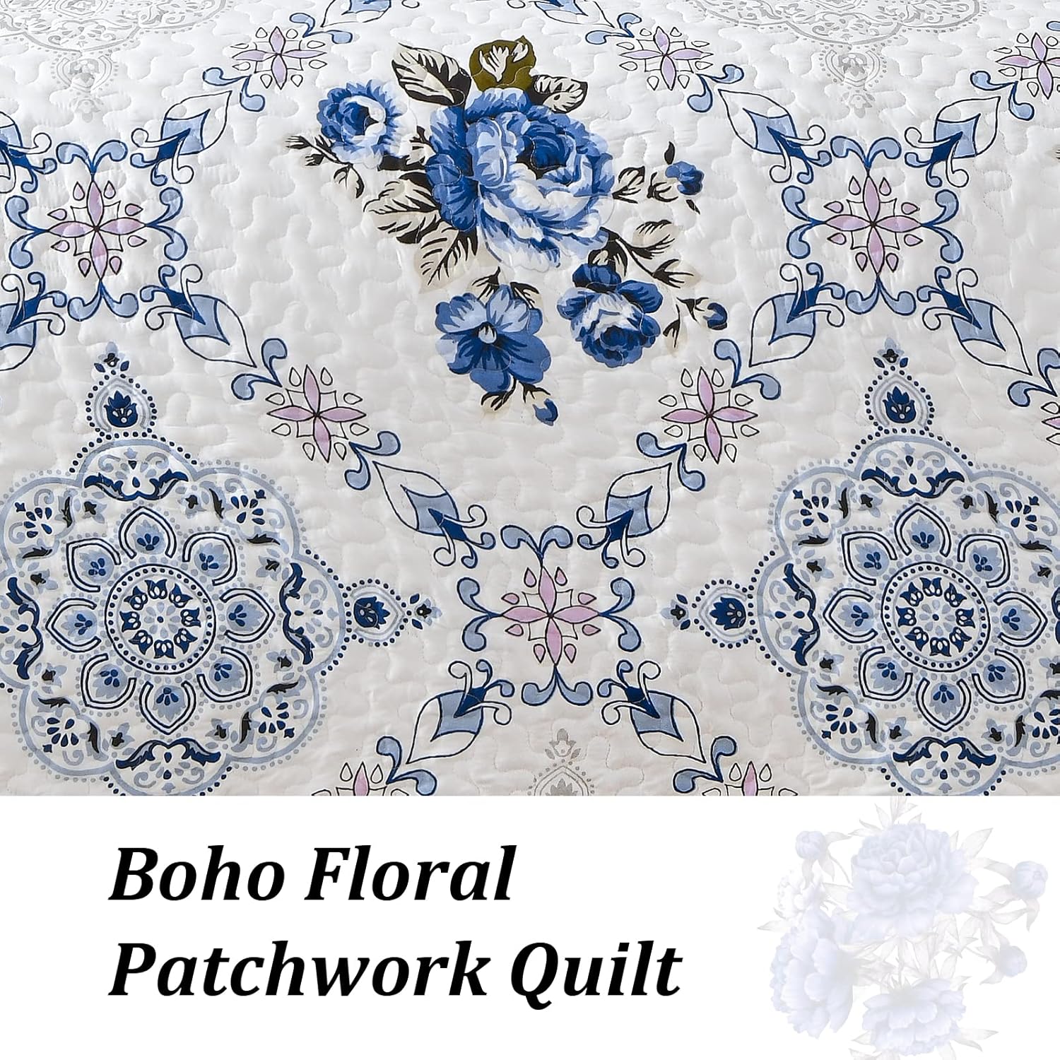 Close-up of Rich white blue Elegant 3 Pc Bedspread & Pillow Cover Set with floral and geometric patchwork pattern