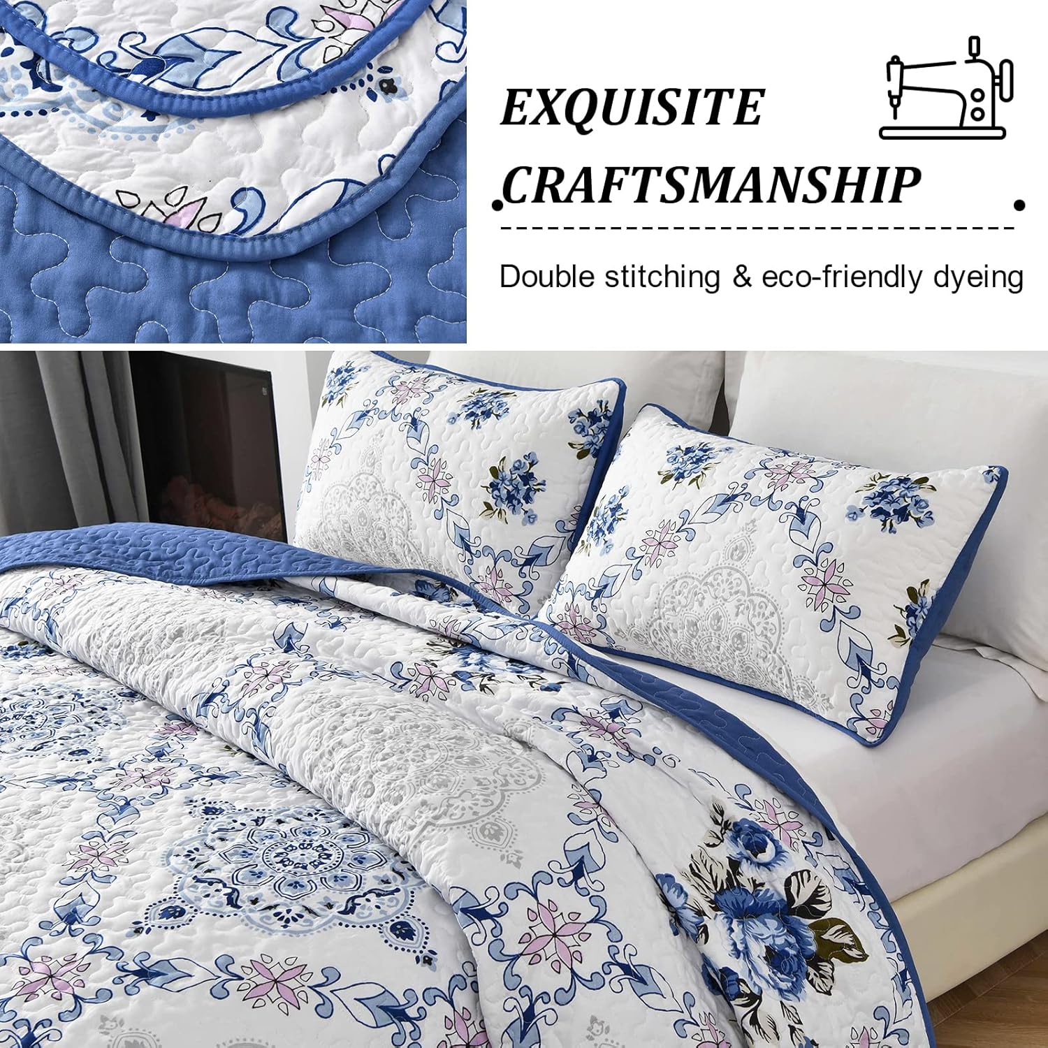Rich white blue Elegant 3 Pc Bedspread & Pillow Cover Set with floral pattern, double stitching, and reversible quilt design